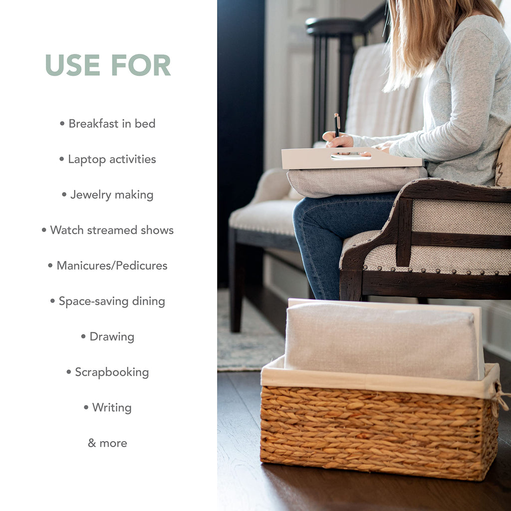 Rossie Home Wood Bed Tray Lap Desk - Set Of Two - With Hyacinth Storage Basket - Soft White - Fits Up To 156 Inch Laptops - Styl