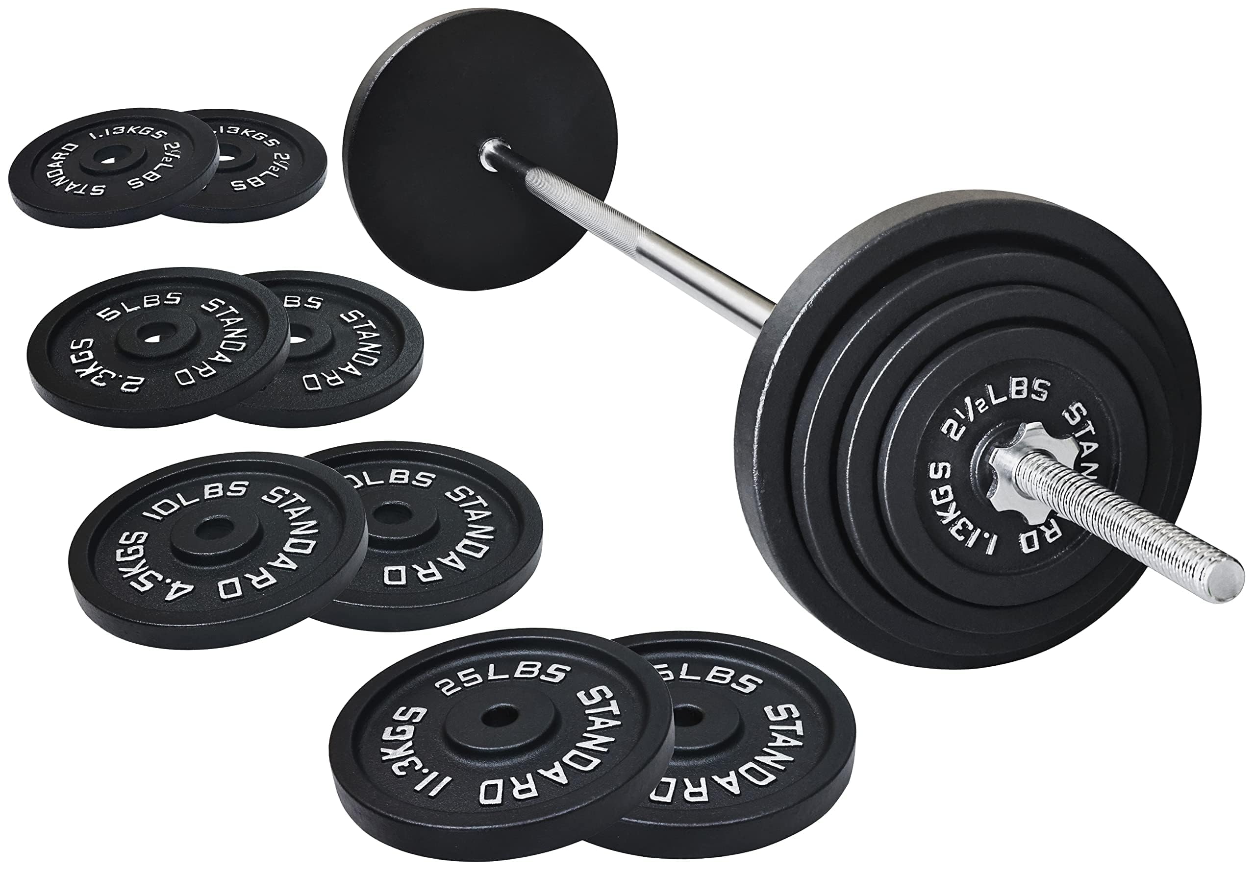 Fitvids 1 Inch Standard Barbell Weight Plates and Bar Set, 5 FT Barbell Bar and 85 LB(2.5-25 LB) Barbell Weight Set for Home Gym