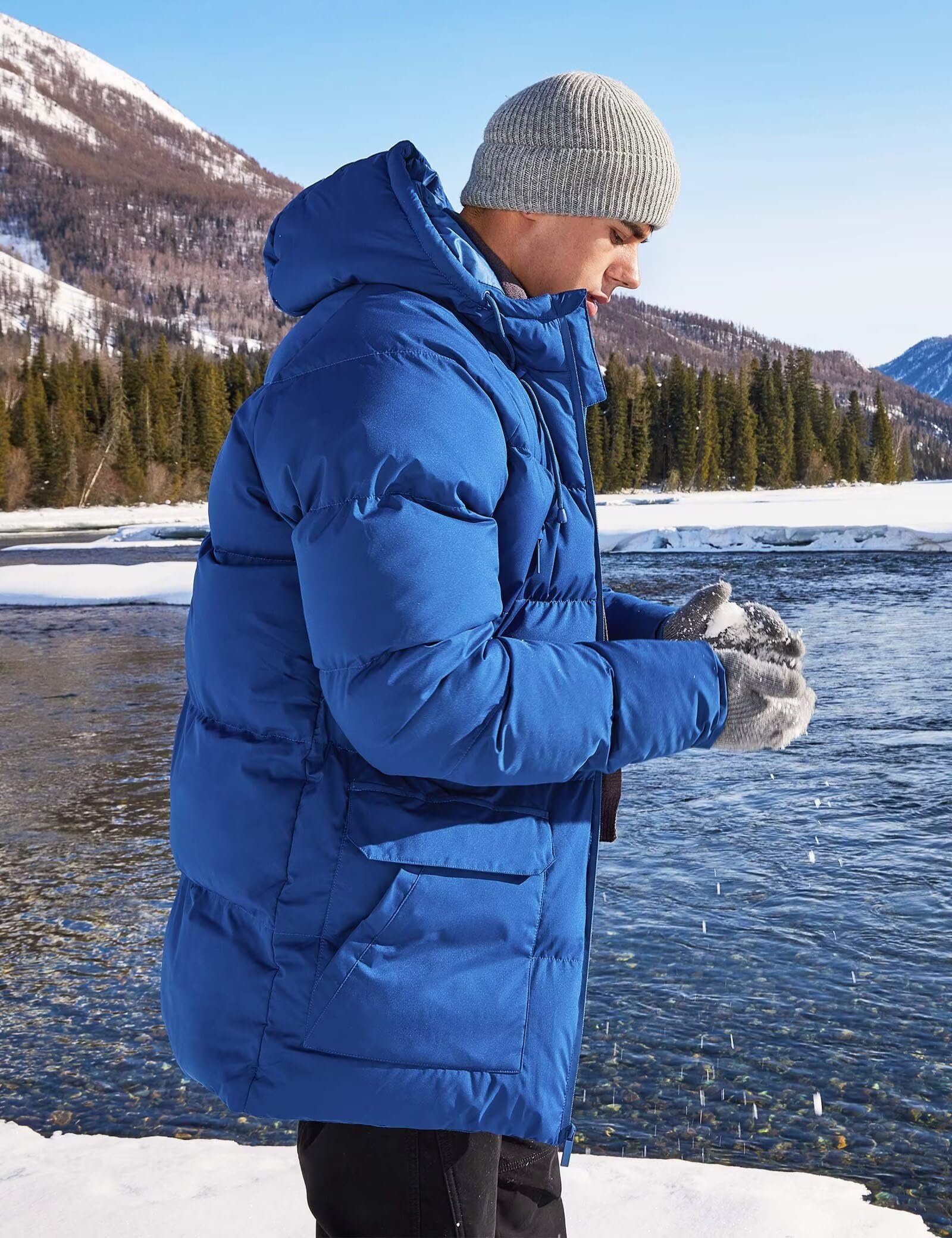Rejork Men s Long Winter Coat Hooded Warm Quilted Jacket Water-resistant Cold Weather Parka Royal Blue 2XL