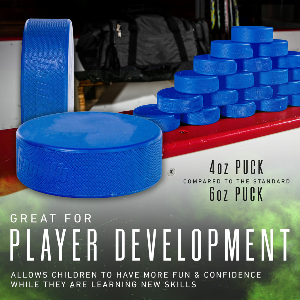 Franklin Sports Ice Hockey Pucks - Blue Rubber Pucks For Ice Hockey - Official Size + Weight - Perfect For Rinks + Synthetic Pad