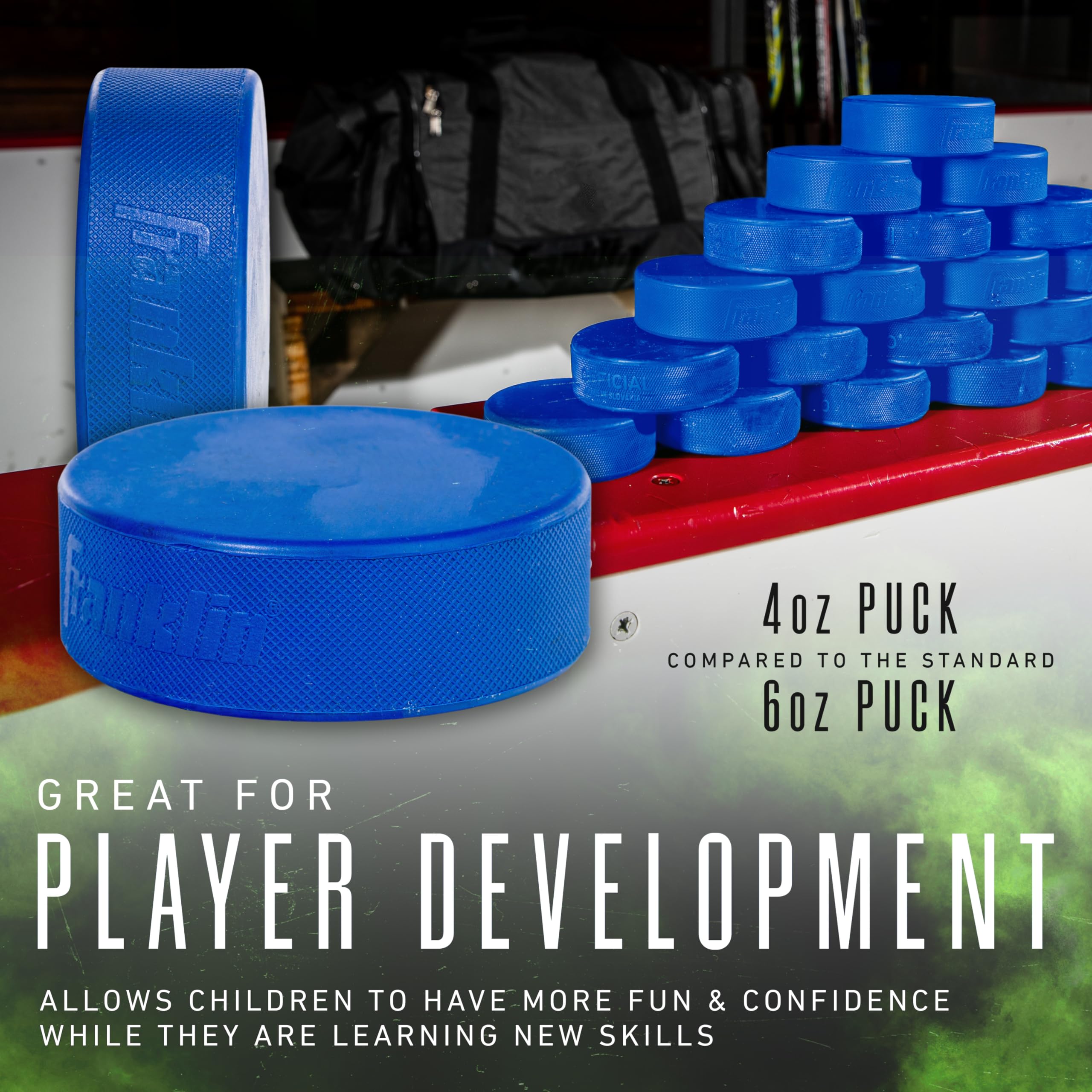 Franklin Sports Ice Hockey Pucks - Blue Rubber Pucks For Ice Hockey - Official Size + Weight - Perfect For Rinks + Synthetic Pad