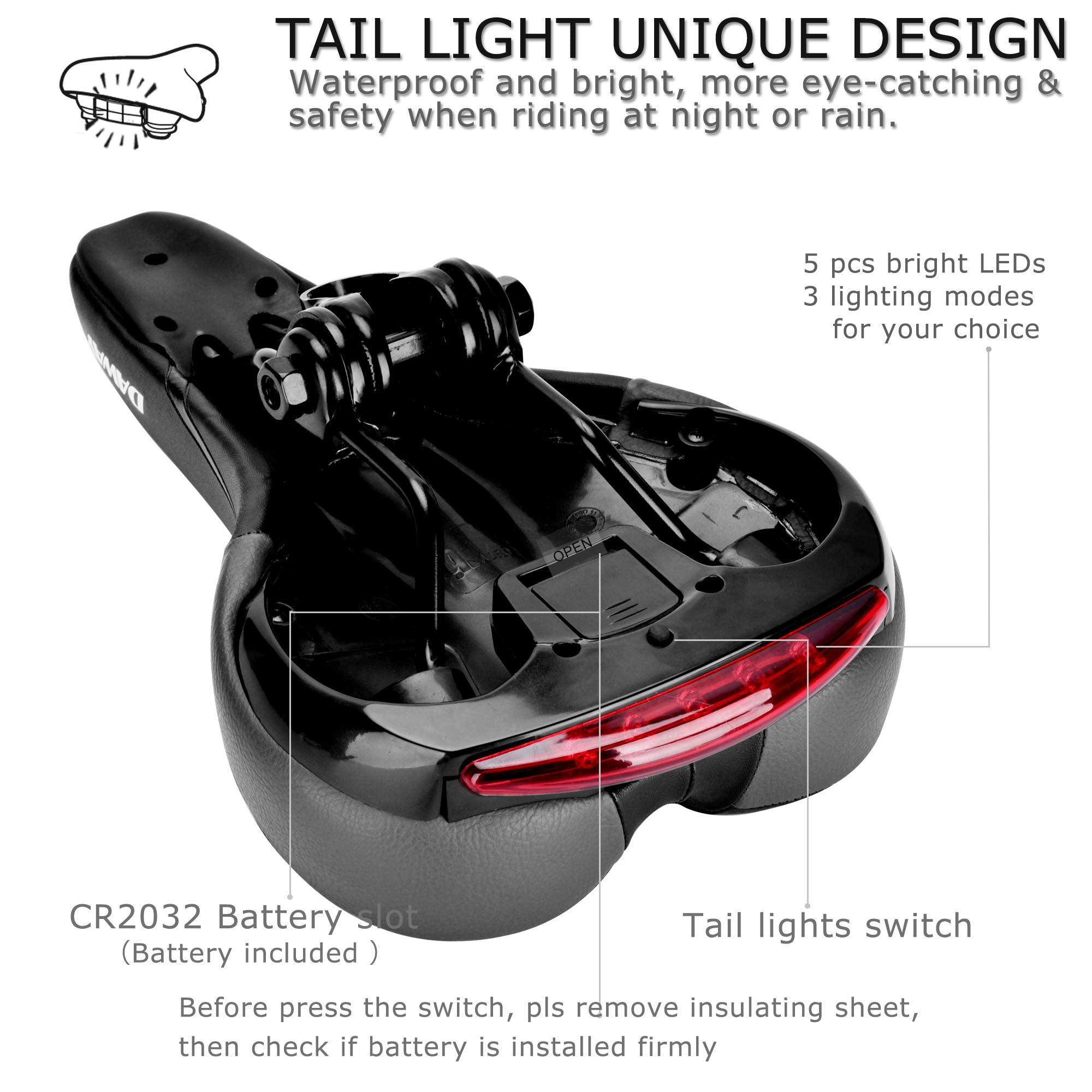 Comfortable Men Women Bike Seat - Daway C66 Foam Padded Leather Road Mountain Bicycle Saddle Cushion With Taillight, Waterproof,