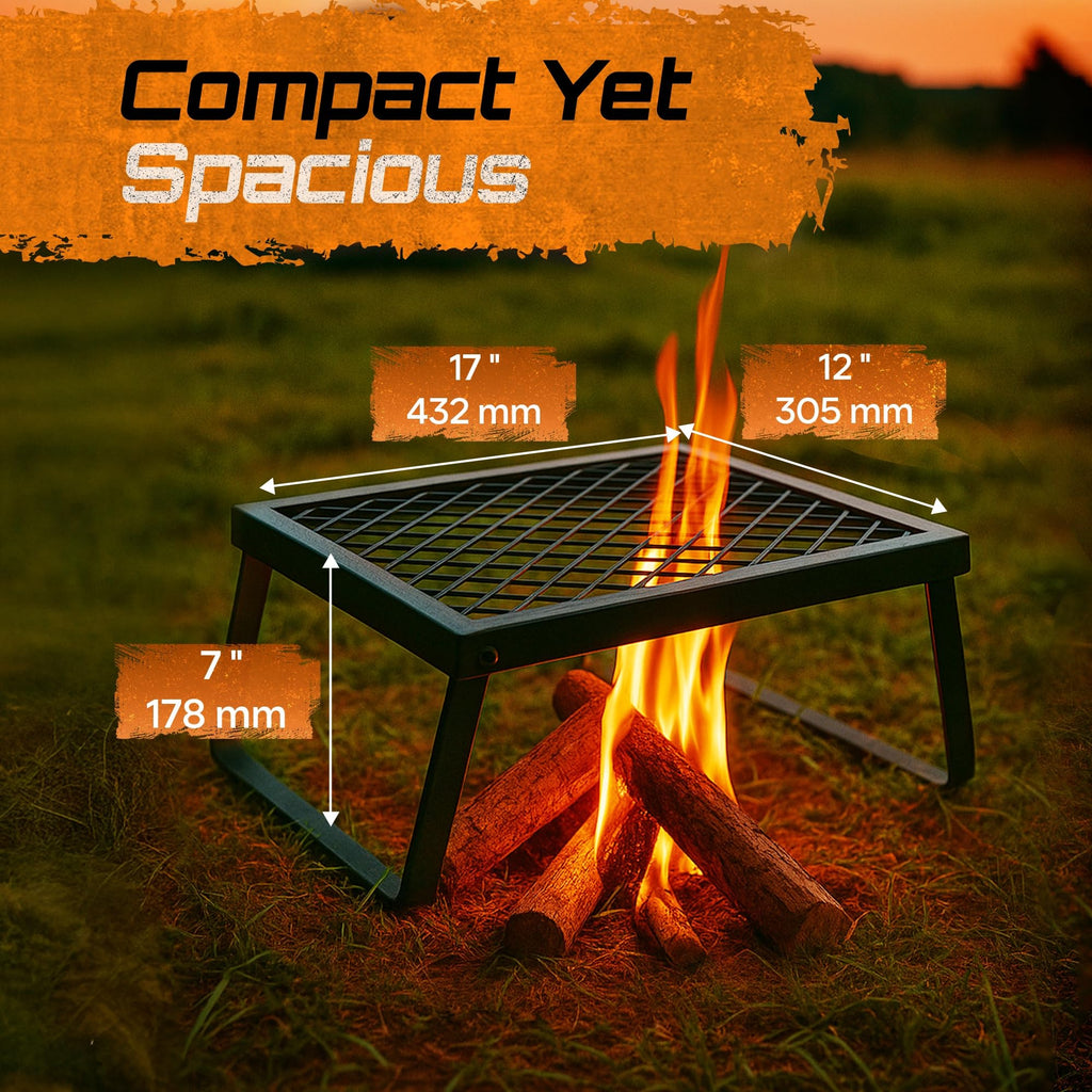 Adventure Seeka Folding Campfire Grill - Portable Over-Fire Grill With Food-Safe Coating, Heavy Duty Steel, Compact With Folding