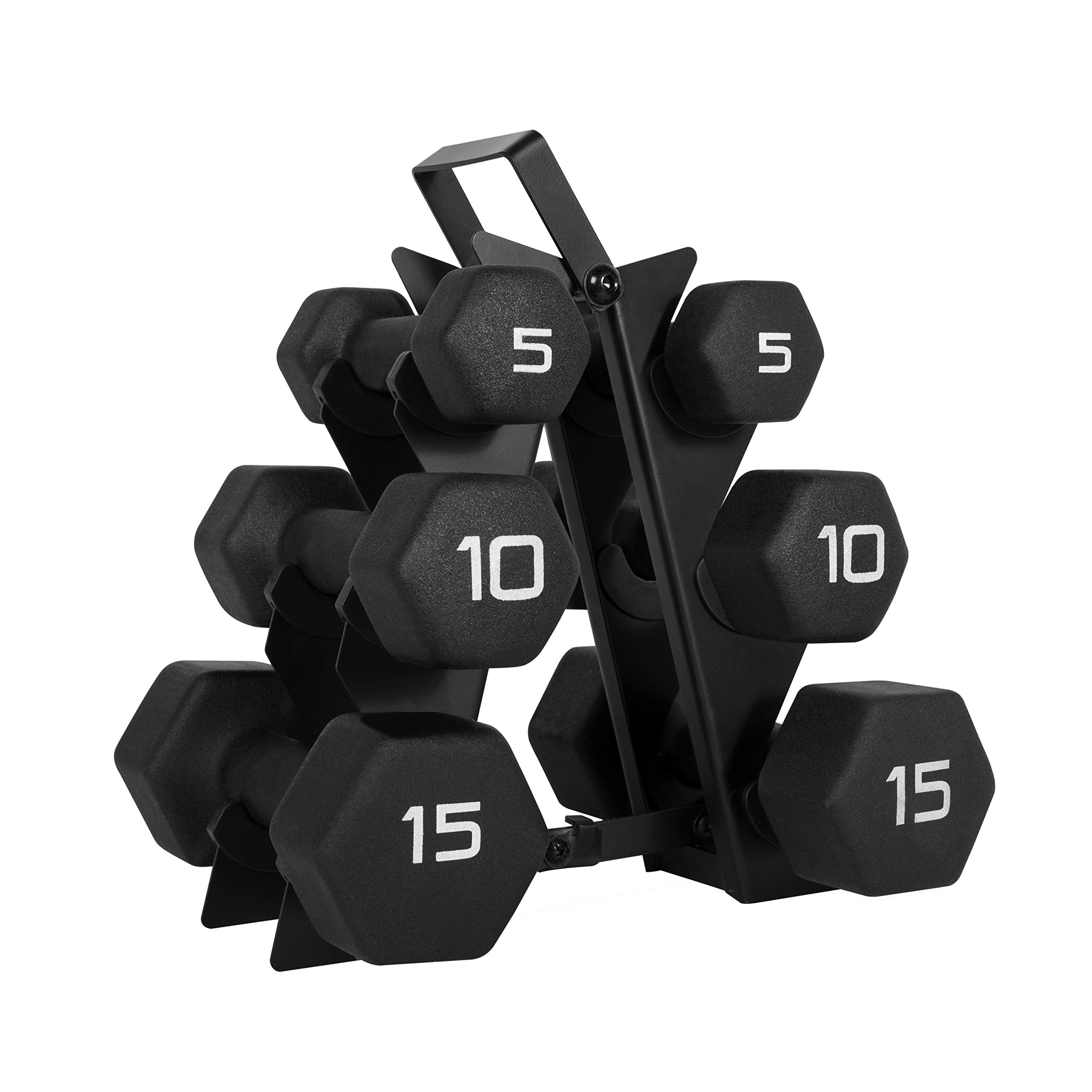 CAP Barbell 60 lb Neoprene Hex Dumbbell Weight Set with a Vertical A-Frame Rack - Black