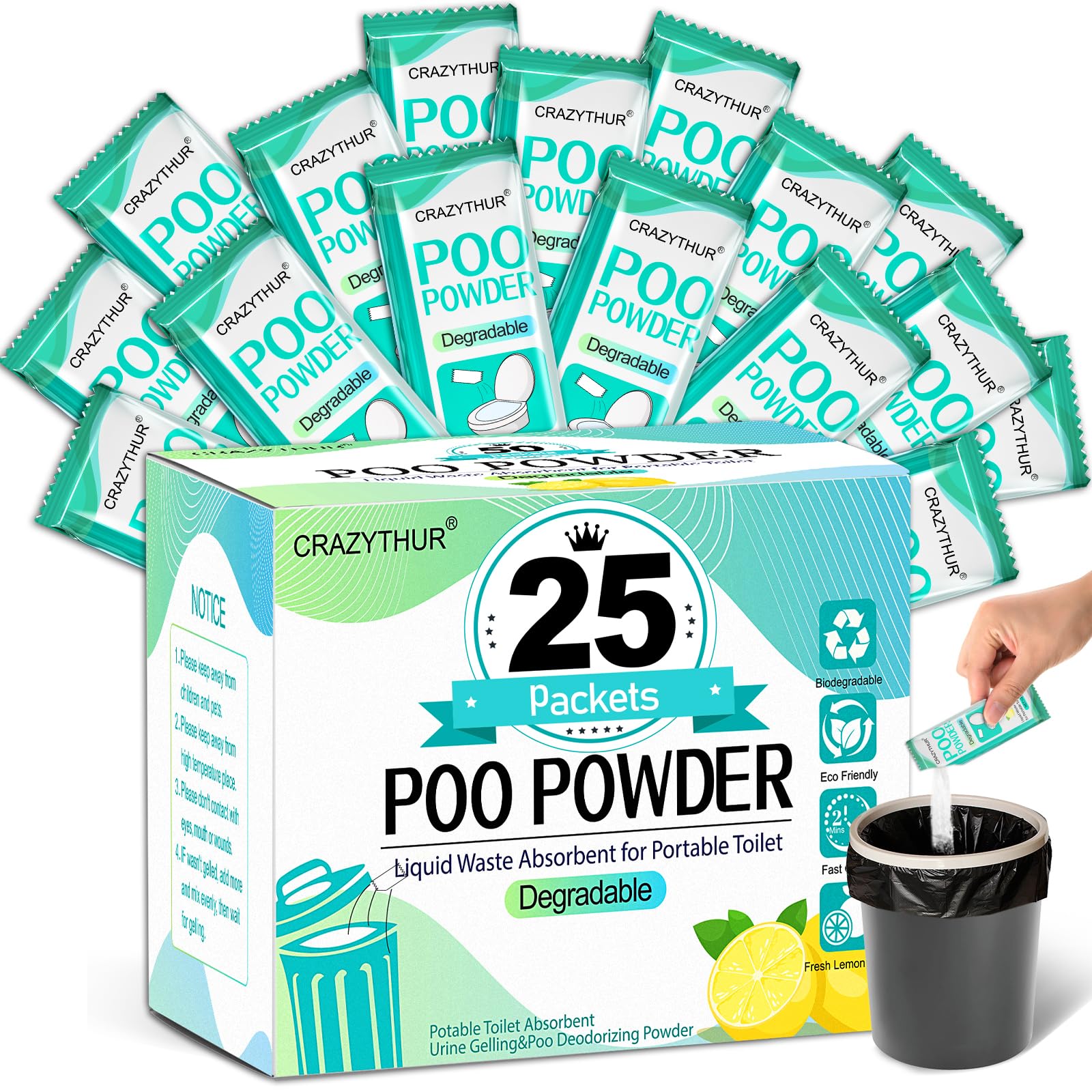 Crazythur Poo Absorbent Gel Powder, 25Pcs Portable Toilet Gel, Camping Toilet Gels, Porta Potty Chemicals,Portable Toilets Powde