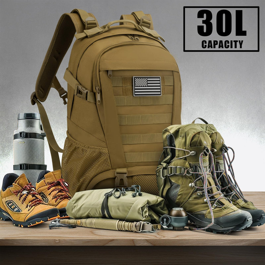 Jueachy Tactical Backpack For Men Hiking Day Pack Molle Military Rucksack Waterproof 30L Edc Bag With Usa Flag Patch Tan Style