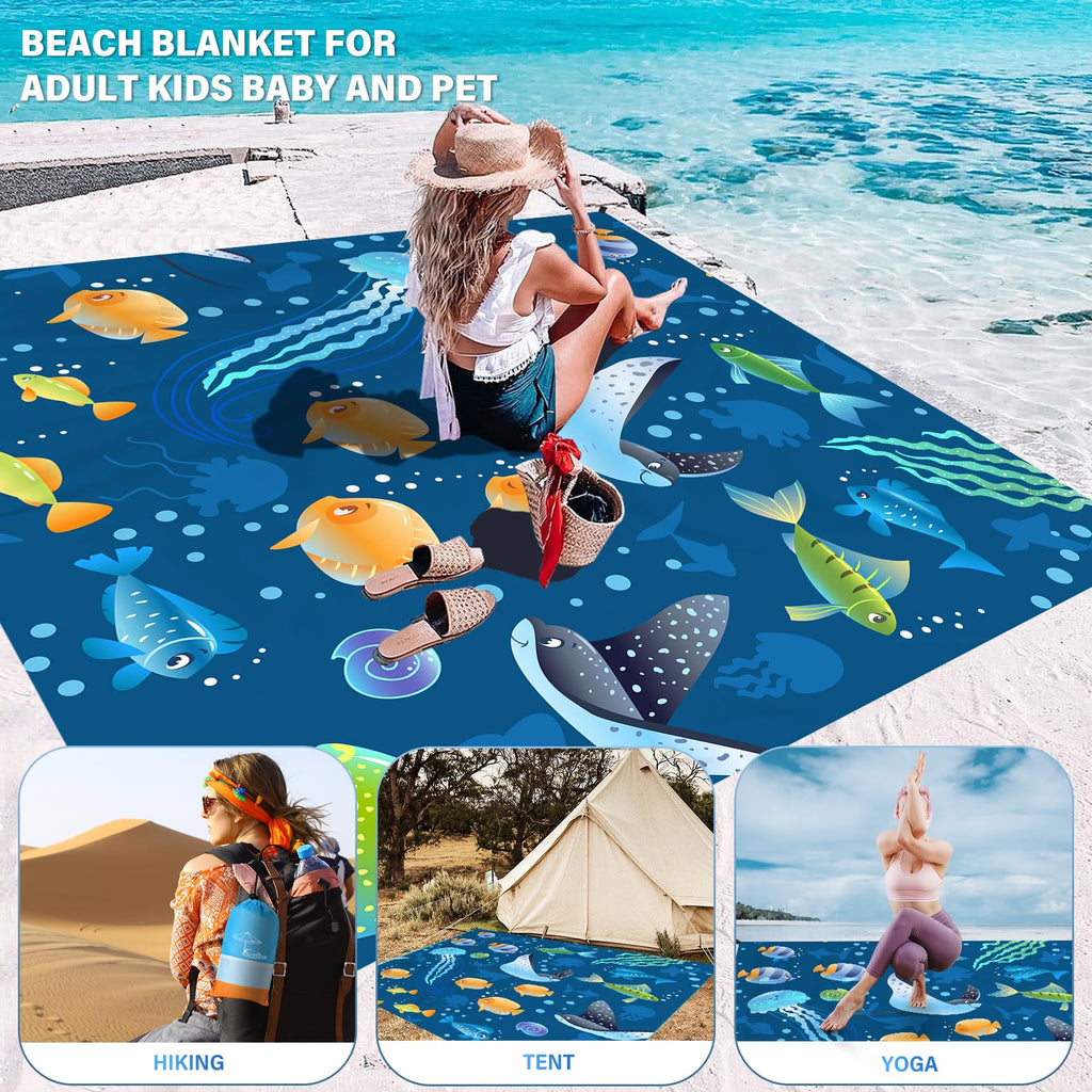 Famstar Beach Blanket Oversized Extra Large78 X110,Waterproof Sandproof Beach Blanket 2-8 Adults Lightweight Durable For Travel