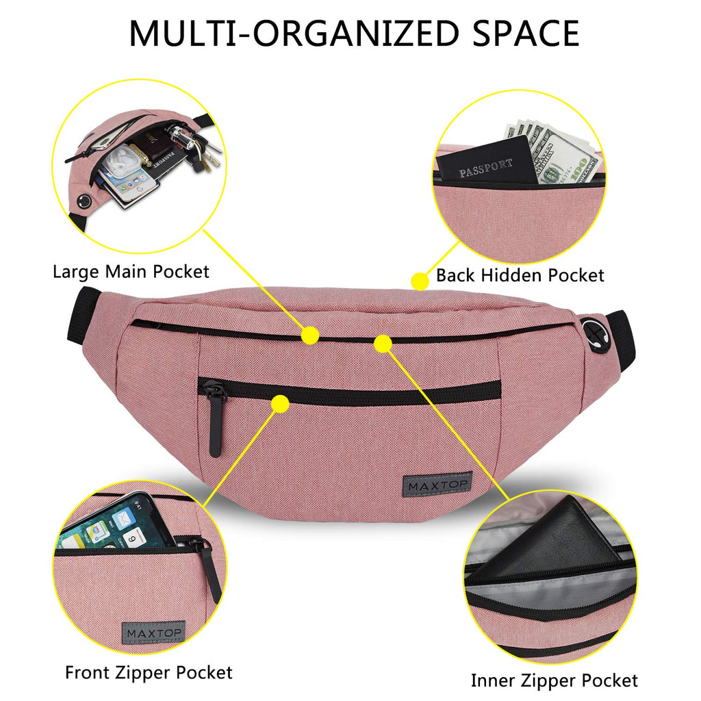 Large Pink Fanny Pack Cross Body Belt Bag With 4-Zipper Pockets Adjustable Straps Waist For Women Girl,Gifts For Enjoy Festival