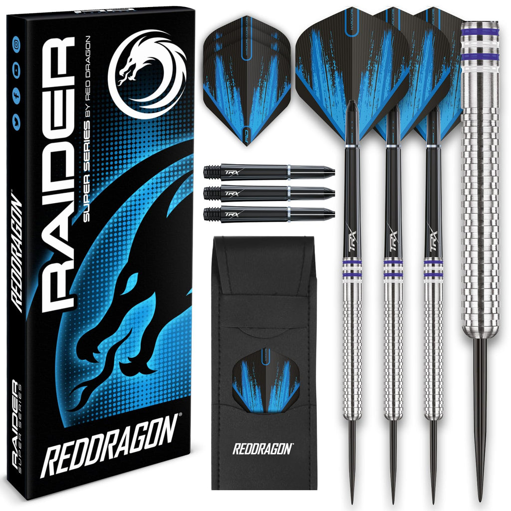Red Dragon Raider 1: 23 Gram Steel Tip Tungsten Darts Set - Blue Style Set Of Professional Darts With Shafts (Stems) And Flights