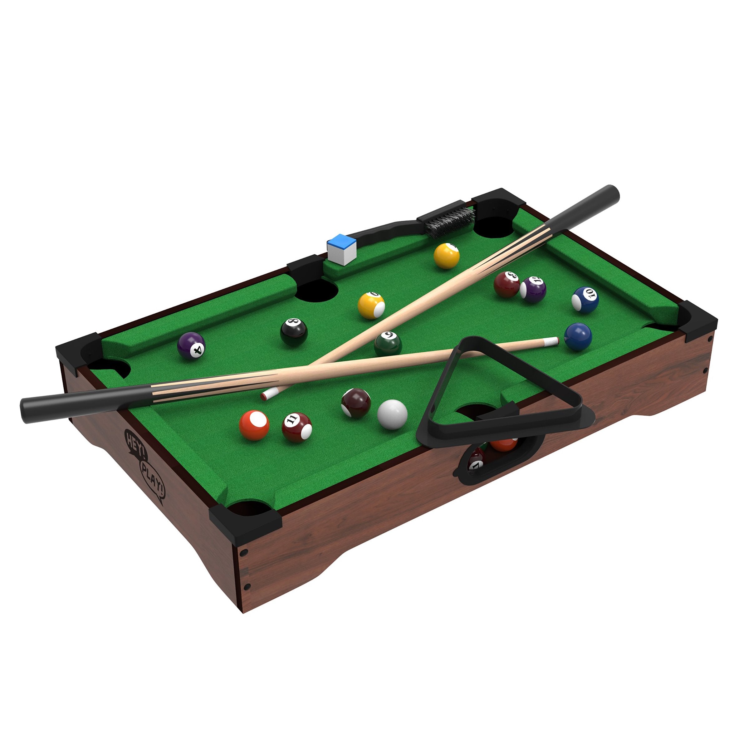 Hey! Play! Mini Tabletop Pool Set- Billiards Game Includes Game Balls, Sticks, Chalk, Brush And Triangle-Portable And Fun For Th