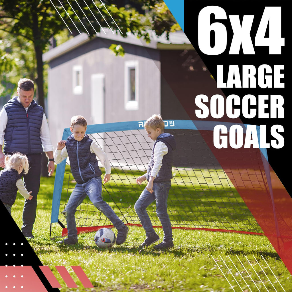 Runbow 6X4 Ft Portable Kids Soccer Goal For Backyard Practice Soccer Net With Carry Bag Set Of 2 (6X4 Ft, Blue-Red, 2 Pack)