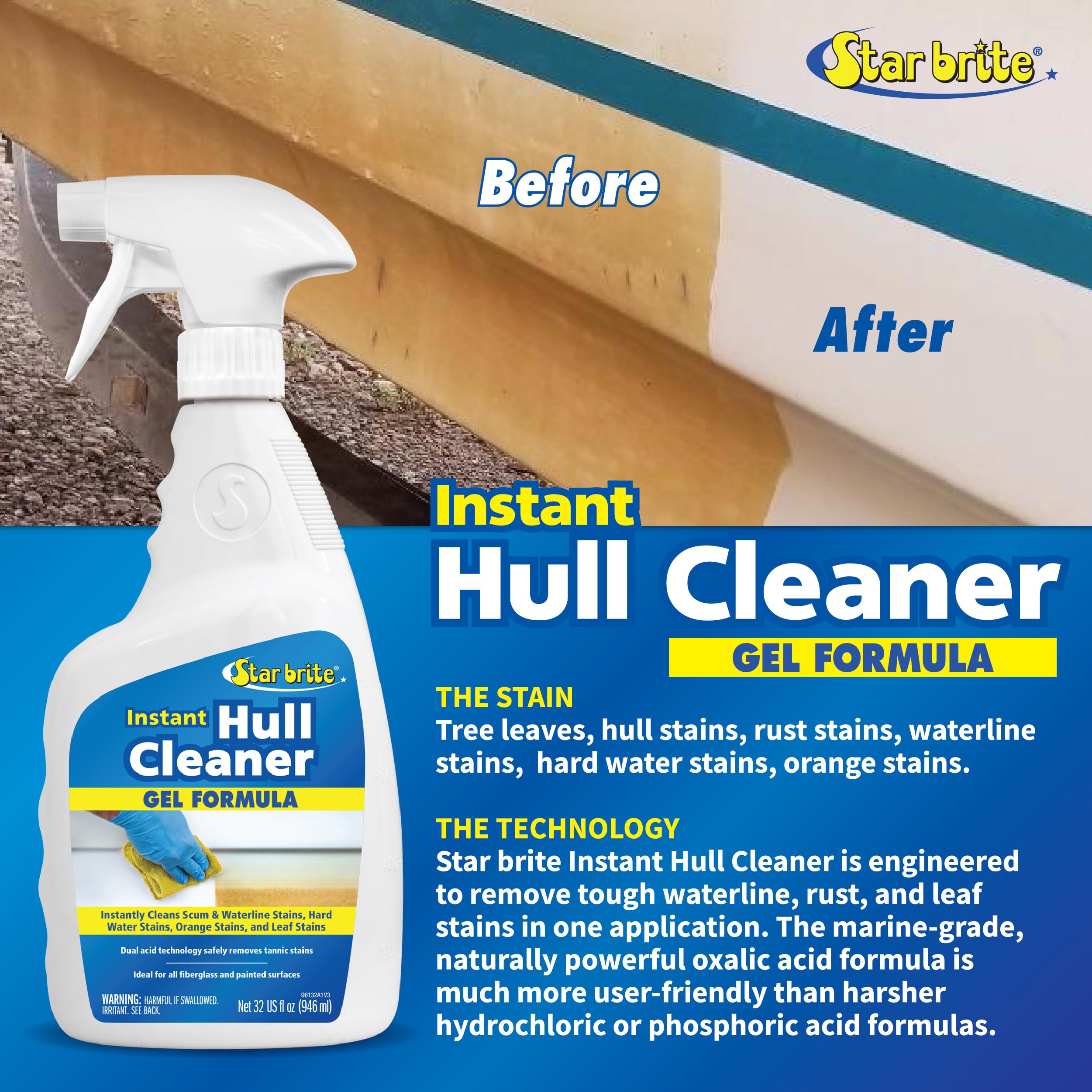 Star Brite Instant Hull Cleaner - 32 Oz Gel Spray - Easily Remove Stains, Scum Lines & Grime On Boat Hulls, Fiberglass, Plastic