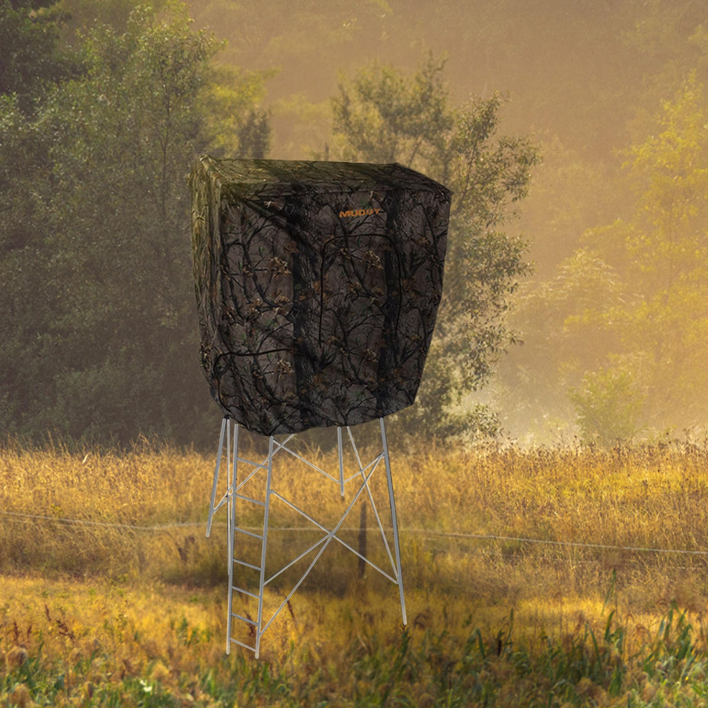 Muddy Steel 7' Tall Quad Pod Hunting Blind Cover With 4 Zippered Windows (Stand Not Included) - Portable Camouflage Shelter And