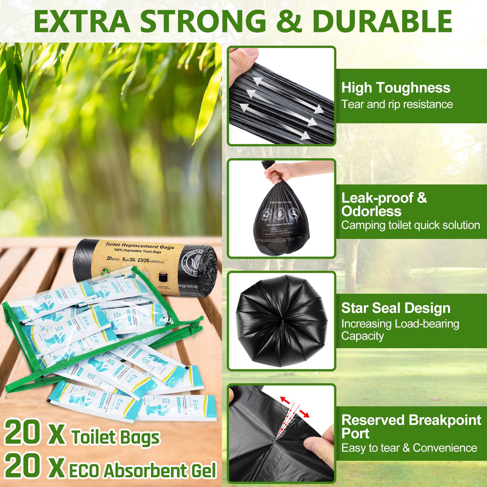 Blika 20 Count Camping Toilet Bags Eco Absorbent Gel Set, Portable Toilet Bags With Gel, 8 Gallon, 30 Liter, Heavy Duty 1 Mil, T