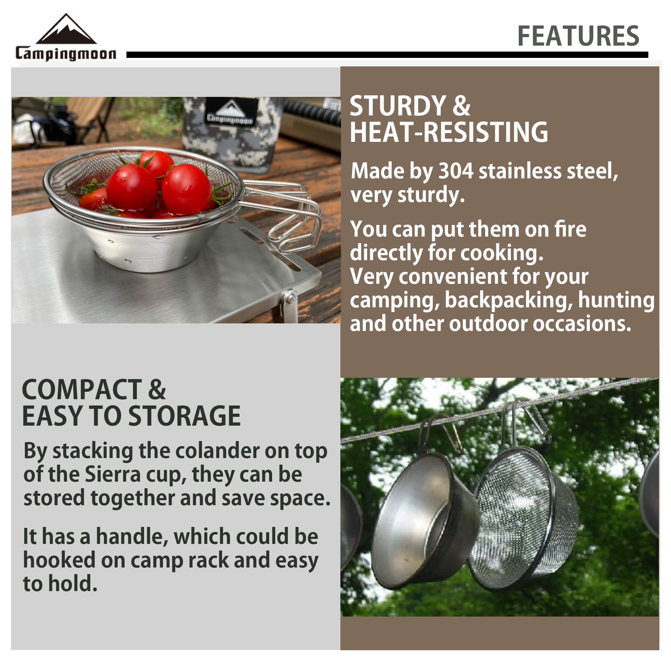 Campingmoon 2Pcs Set Stainless Steel Camping Sierra Cup 310Ml With 1Pc Colander S-220-2P/S-213