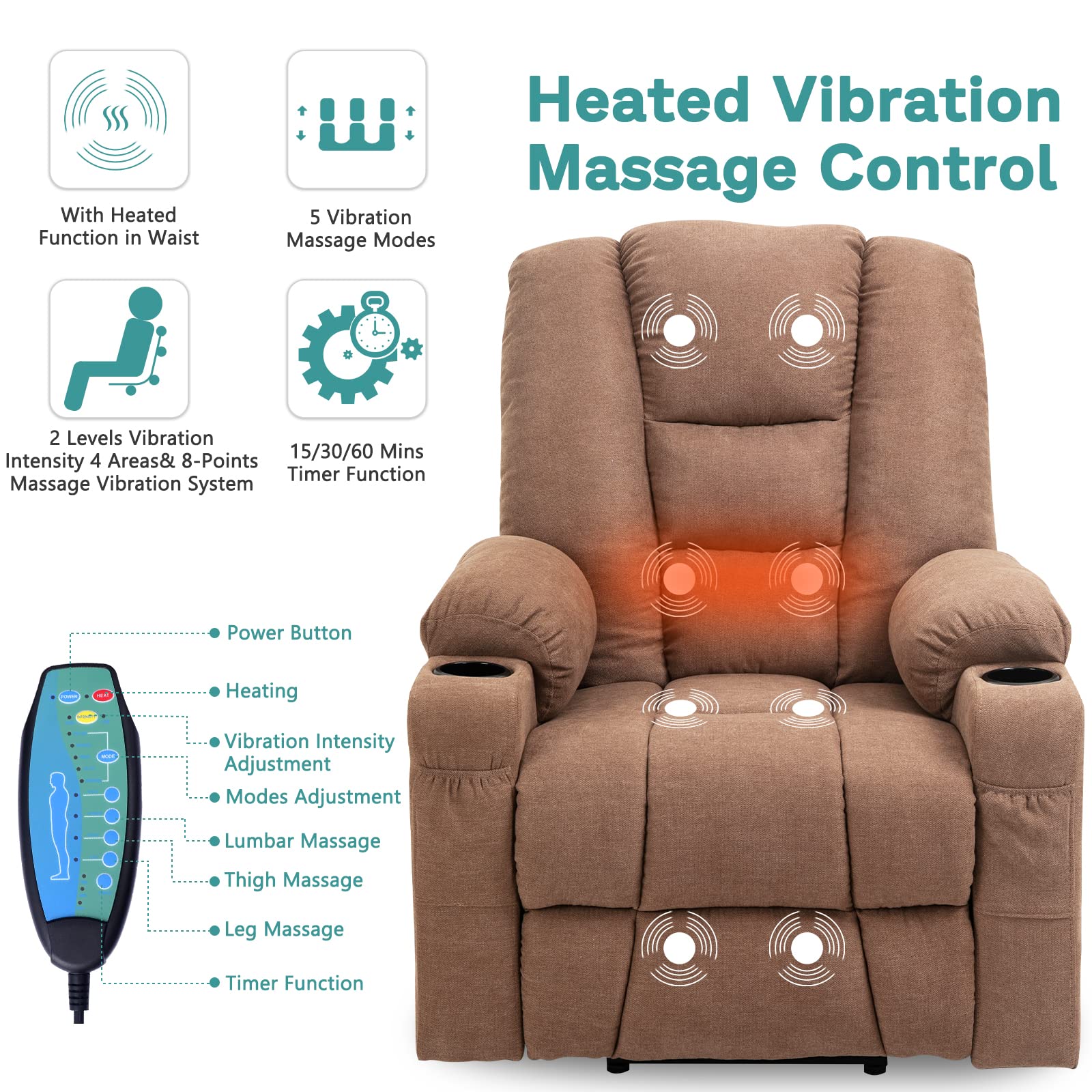 Meetwarm Power Lift Chair Electric Recliner For Elderly Heated Vibration Massage Soft Fabric Recliner Chair With 2 Remote Contro