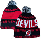 Outerstuff Nhl Kids Youth 8-20 One Size Team Color Primary Logo Sports Tech Knit Cold Weather Hockey Pom Beanie Hat - New Jersey