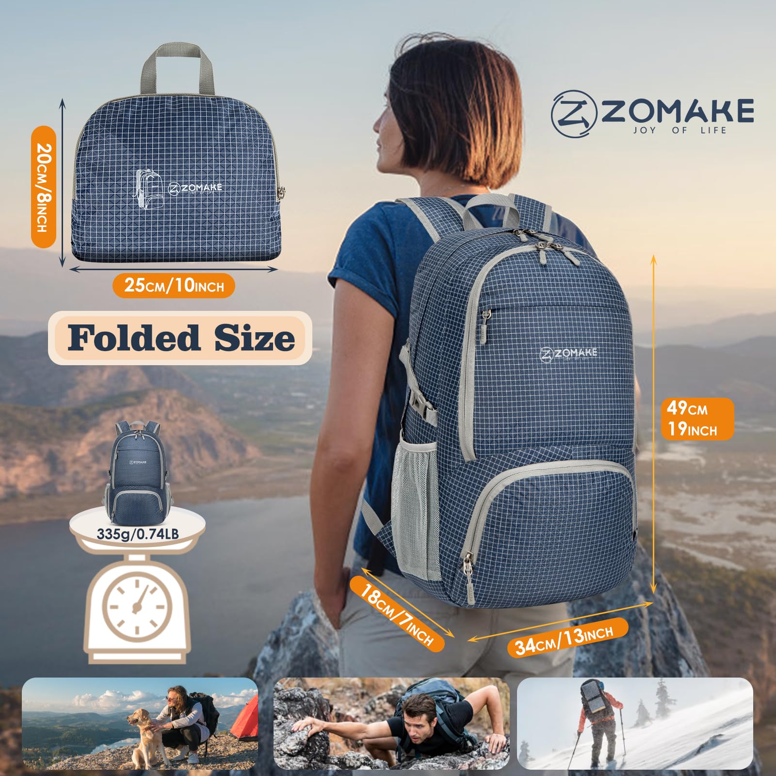 ZOMAKE Lightweight Packable Backpack 30L, Foldable Hiking Backpacks Water Resistant Compact Folding Daypack for Travel(Plaid Roy