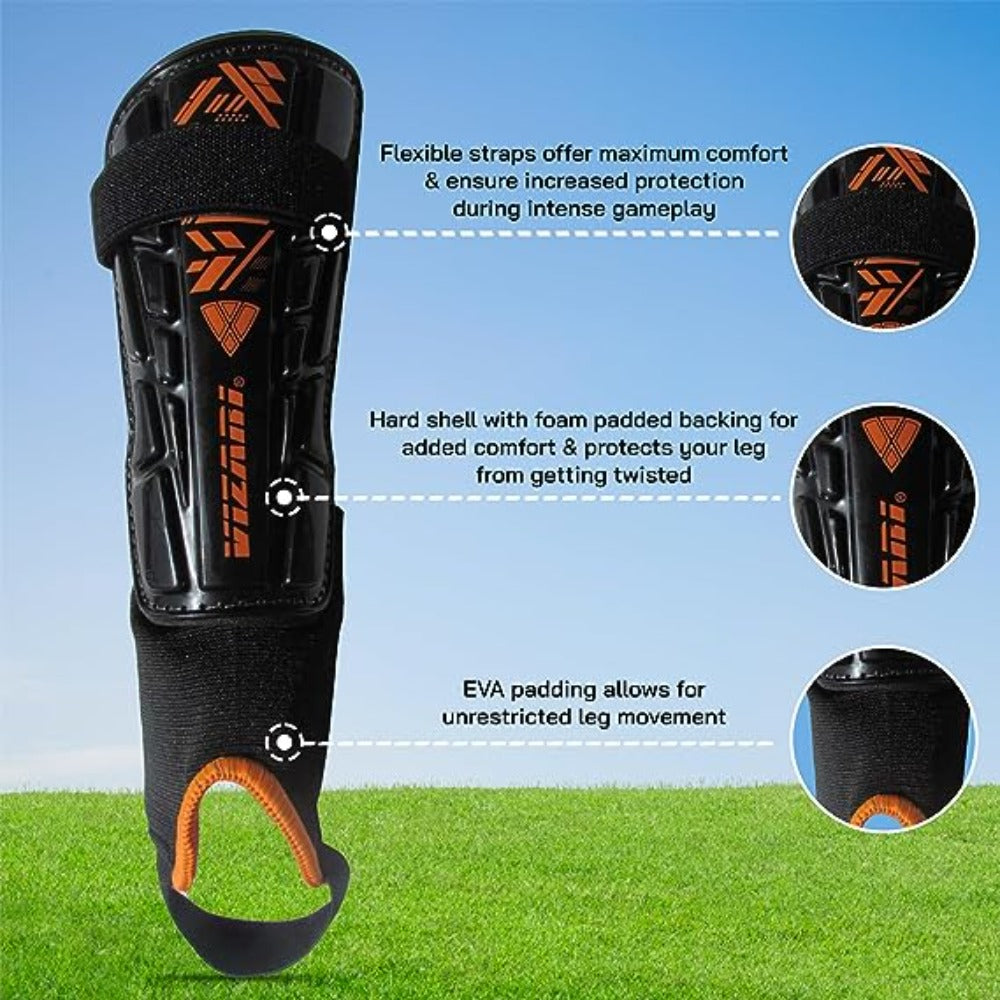 Malaga Soccer Shin Guard with Adjustable Straps-Black/N. Orange - Vizari Sports
