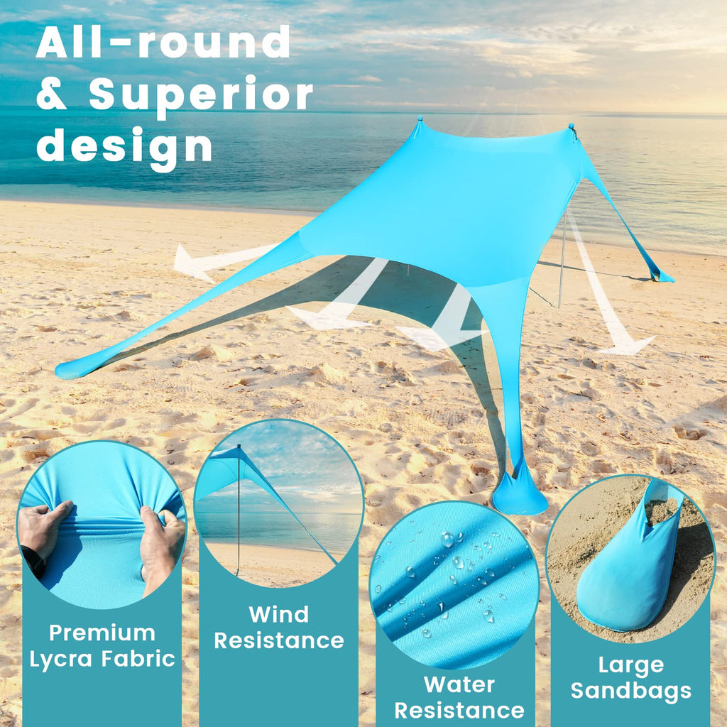 Beach Tent Sun Shelter - 10 X 10 Ft Beach Canopy Upf50+ Uv Protection With Sandbags, Poles, Grond Pegs And Anti-Wind Ropes For F