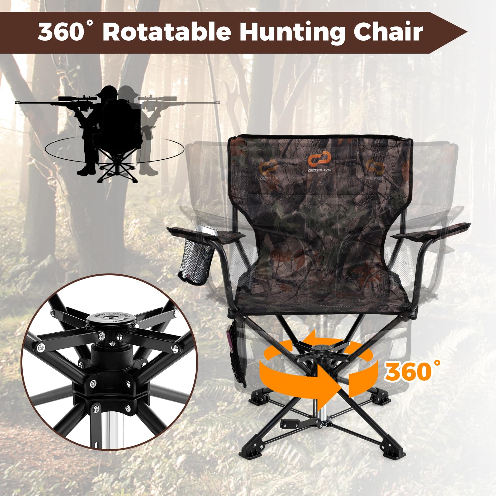 Goplus 360 Swivel Hunting Chair, Folding Hunting Blind Chair For Adults With Cup Holder & Carrying Bag, Lightweight Portable Cam