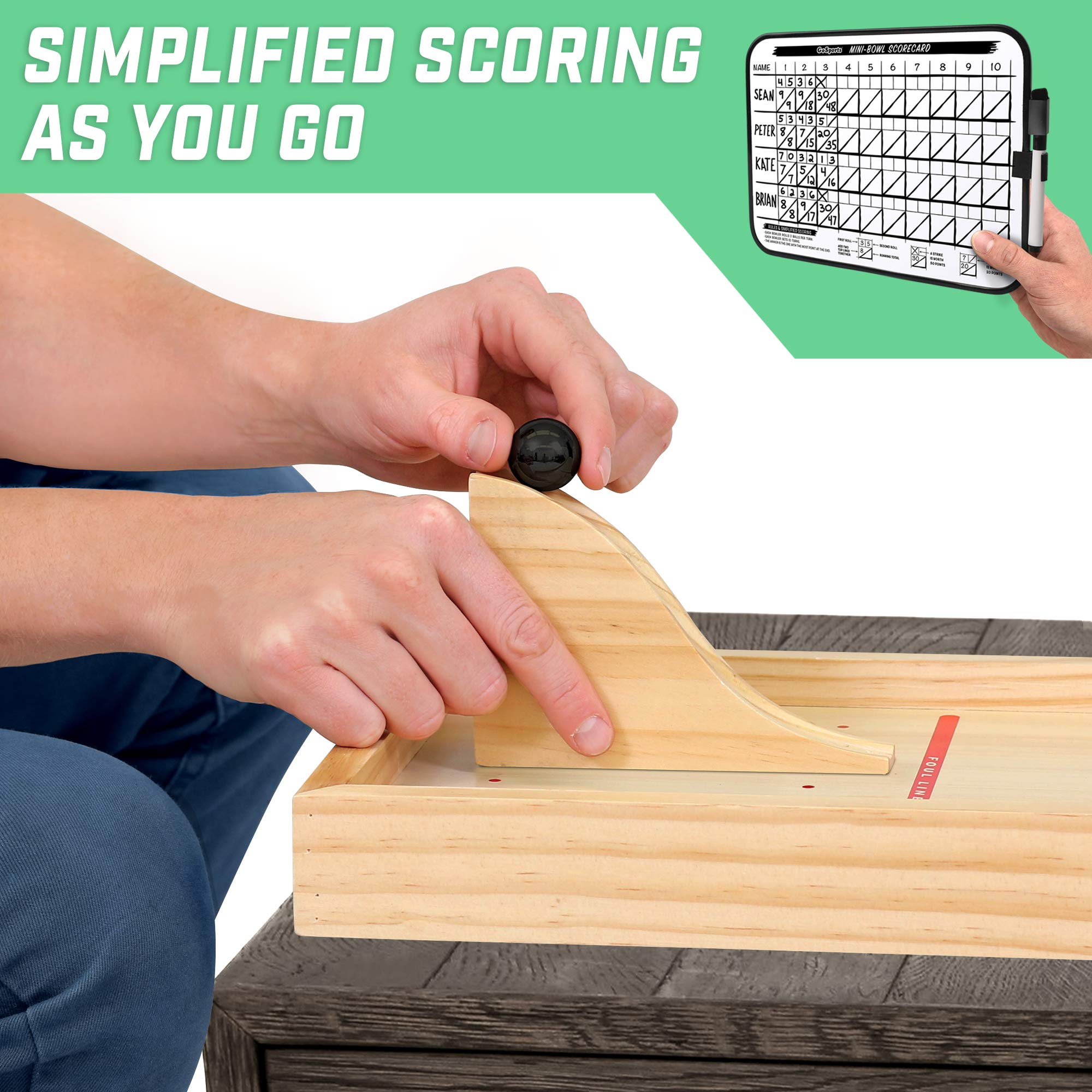 Gosports Mini Wooden Tabletop Bowling Game Set For Kids & Adults - Includes 1 Bowling Alley Board, 1 Launch Ramp, 2 Mini Bowling