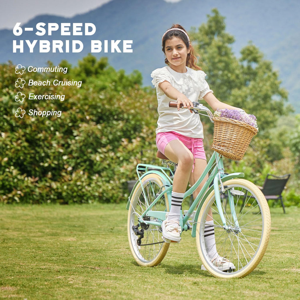Glerc 24 Inch Beach Cruiser Bike, 6-Speed Hybrid City Bicycle for Girls Youth and Over 6 Years Old, Missy Bike with Wicker Baske