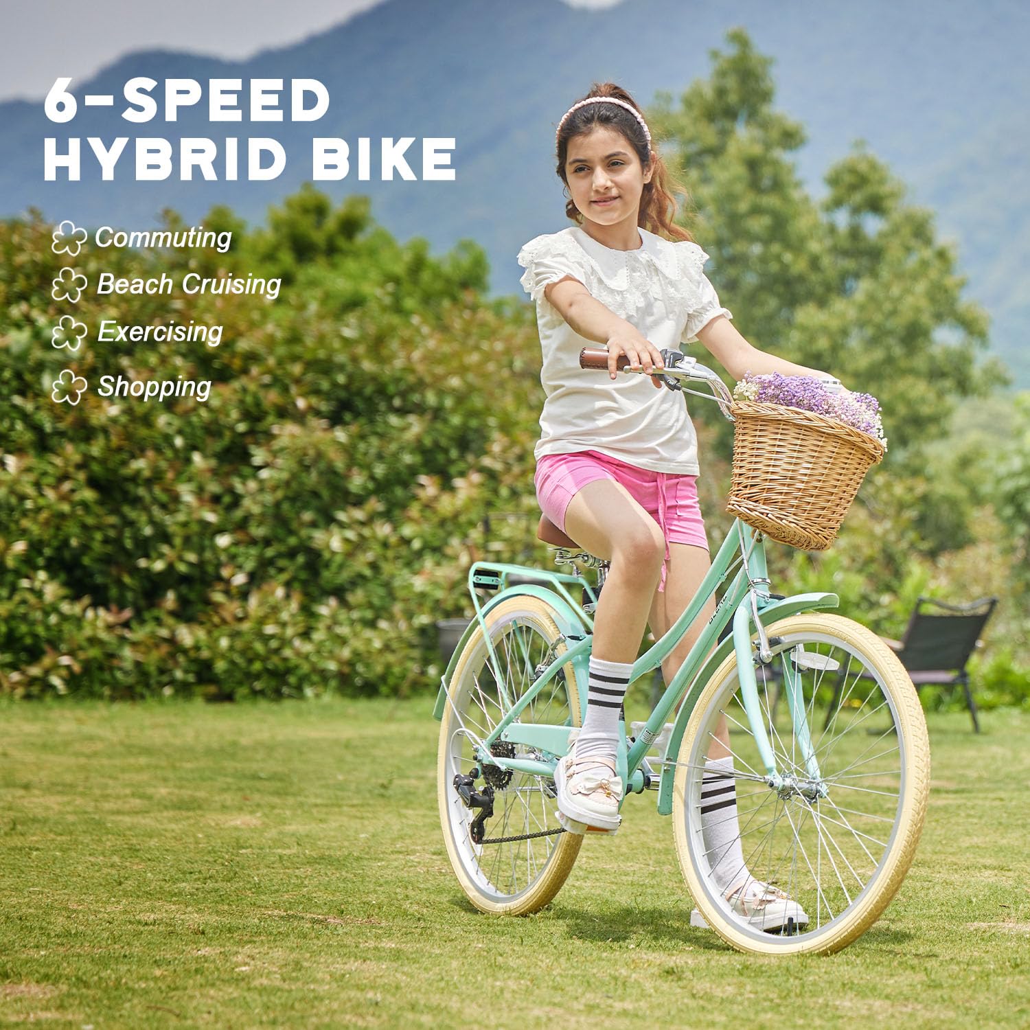 Glerc 24 Inch Beach Cruiser Bike, 6-Speed Hybrid City Bicycle for Girls Youth and Over 6 Years Old, Missy Bike with Wicker Baske