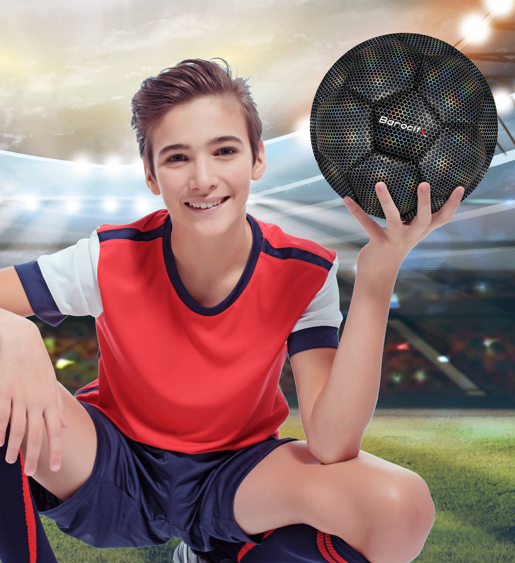 Barocity Soccer Ball - Boy And Girl Official Match Ball With Cool Reflective Rainbow Hex Pattern, For Indoor And Outdoor, Playti