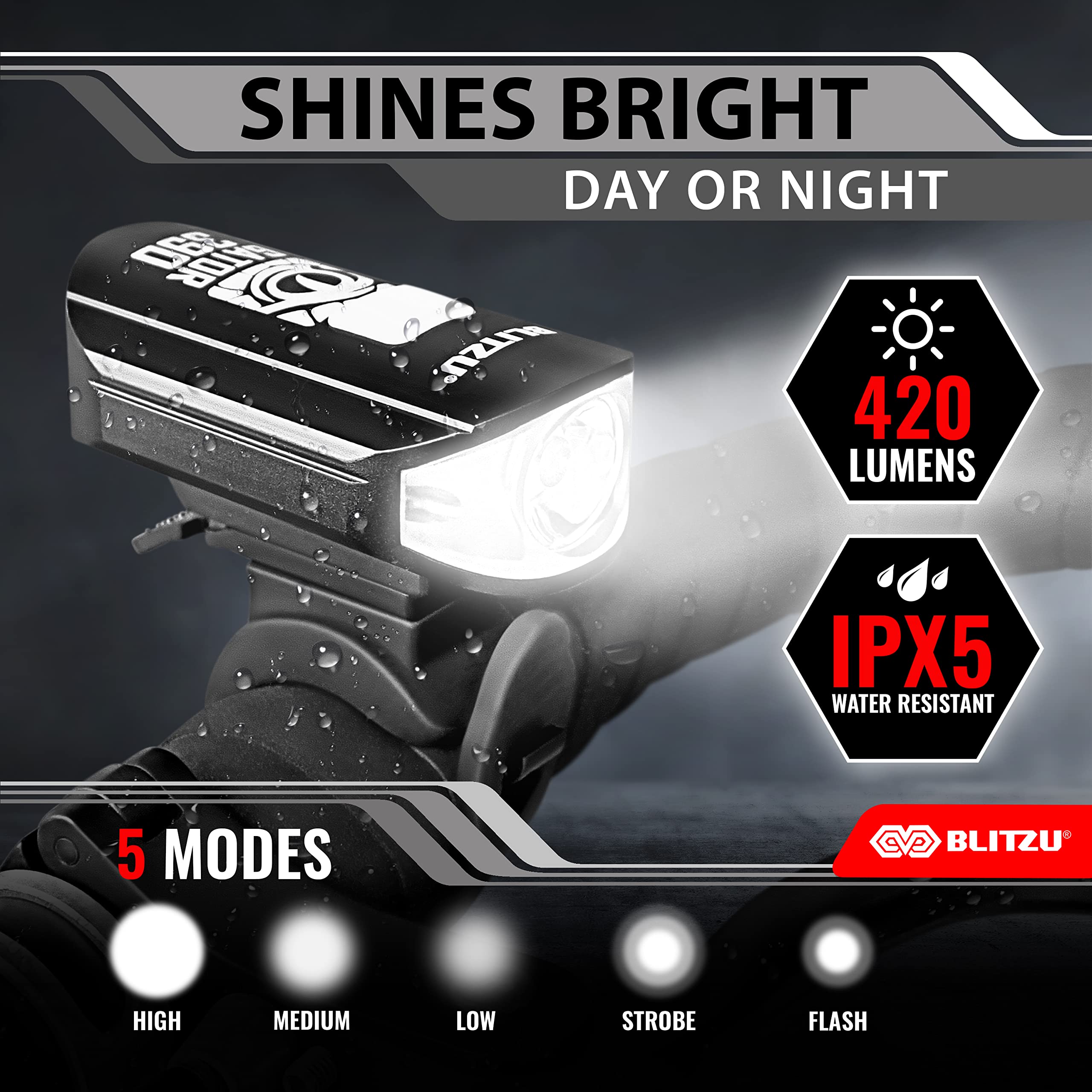 Stocking Stuffers For Men - Blitzu Gator 390 Rechargeable Bike Light Set - Night Riding Accessories, Cool Gadgets White Elephant