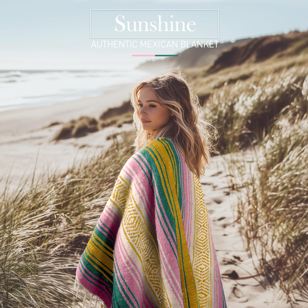 Hydration Nation Authentic Large Handwoven Mexican Striped Throw Blanket - Soft, Durable, Eco-Friendly - 70x50 - Sunshine