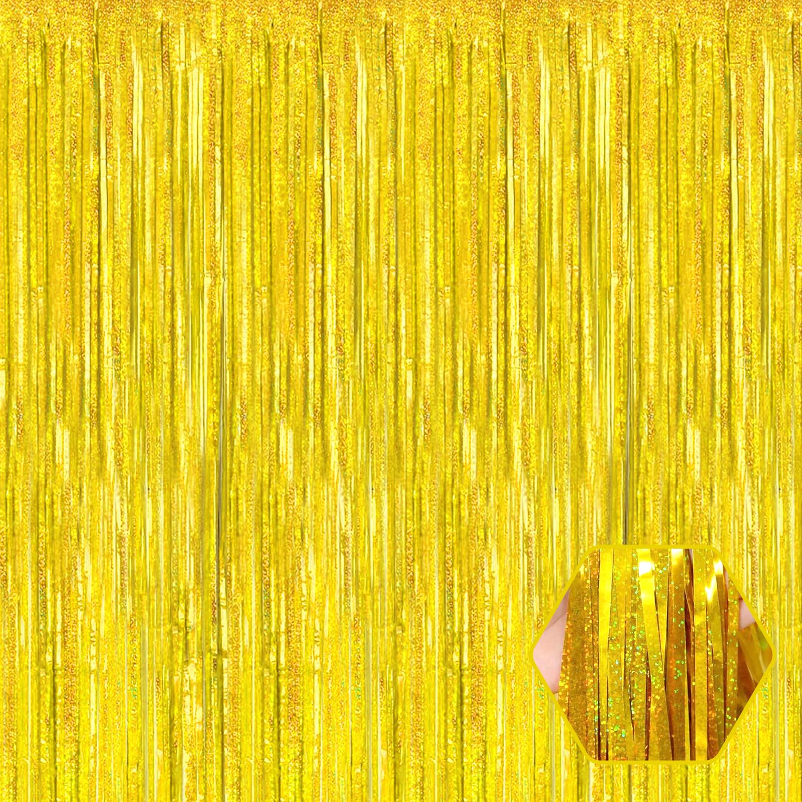 3 Pack Gold Foil Fringe Curtain Backdrop, 3.28Ft X 8.2Ft Metallic Tinsel Foil Fringe Streamer Curtains For Photo Booth, Valentin