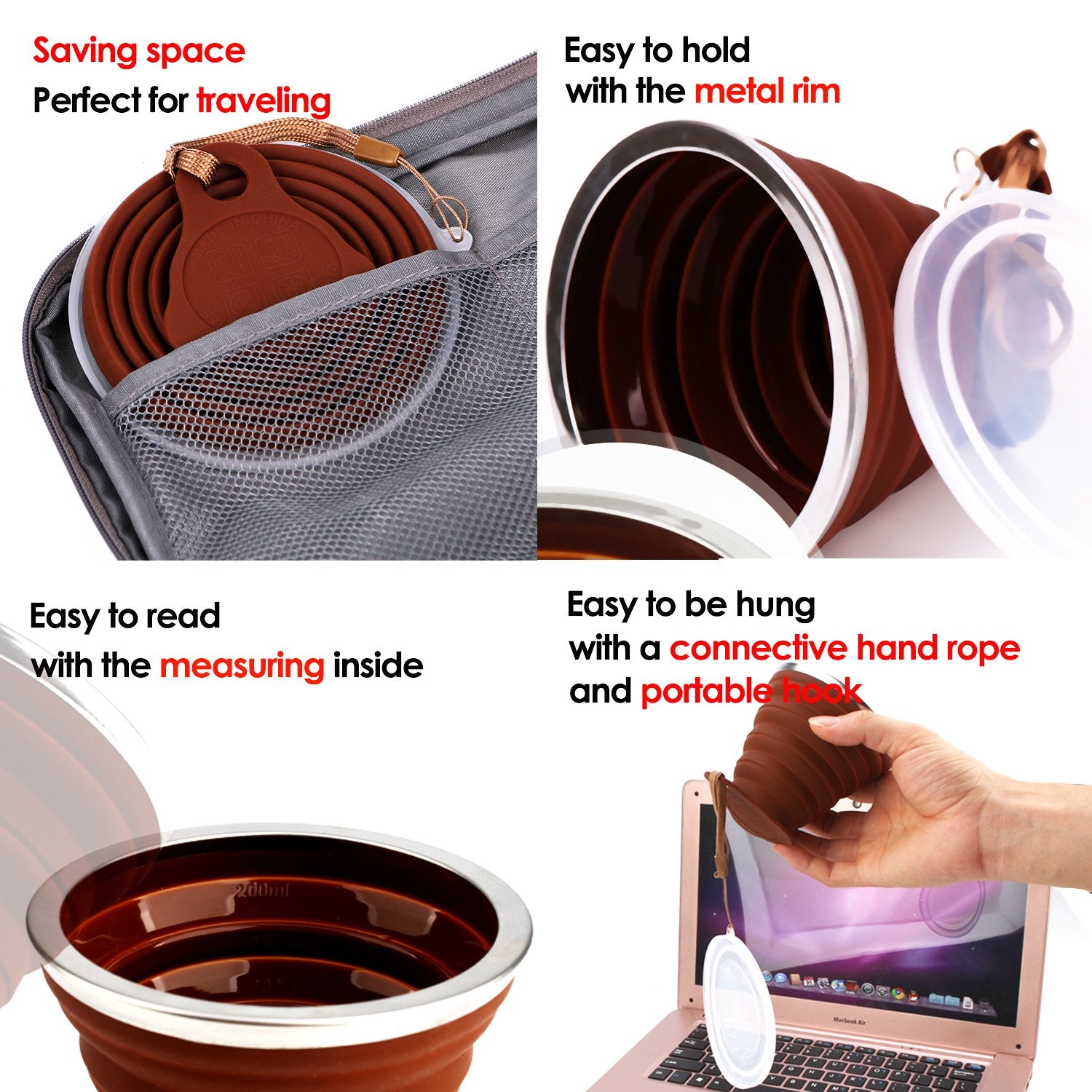 Me.Fan Silicone Collapsible Travel Cup - Silicone Folding Camping Cup With Lids - Expandable Drinking Cup Set Of 4- Portable, Gr