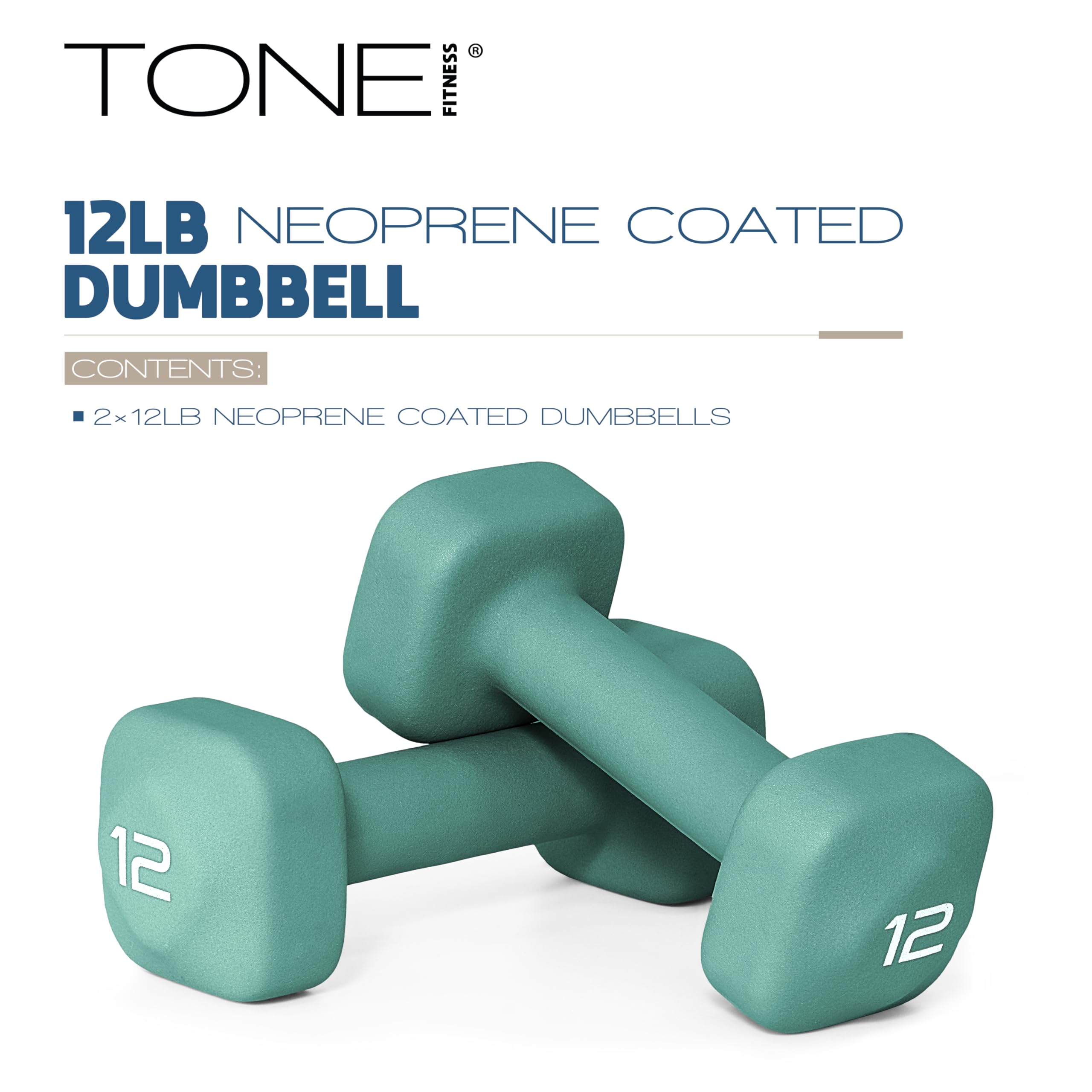 Tone Fitness 12 lb Neoprene Dumbbell Pair for Home Workouts - Non-Slip Design - Teal