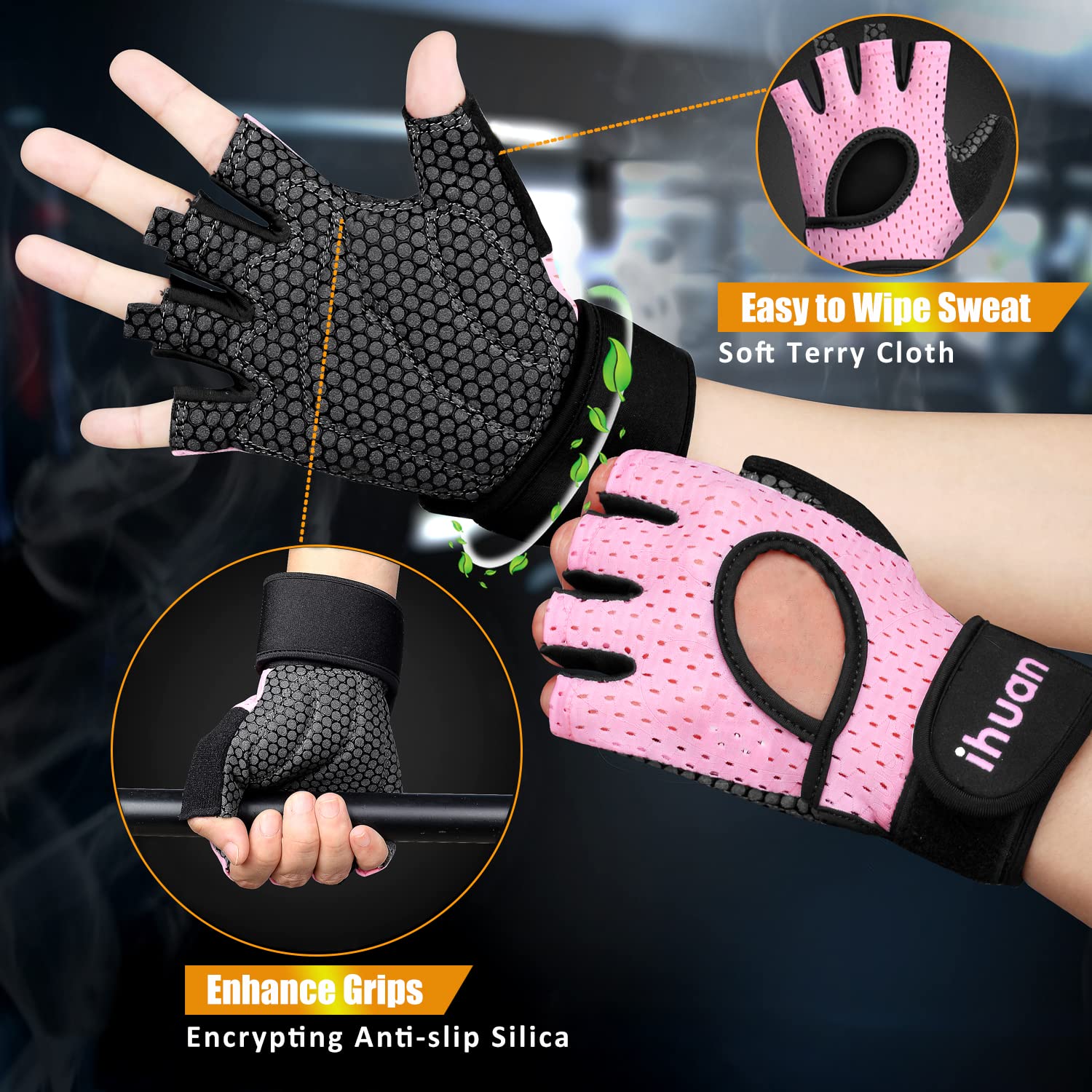 Ihuan Breathable Gloves With Wrist Support For Men And Women | Enhance Palm Protection | Extra Grip For Fitness, Weight Lifting,