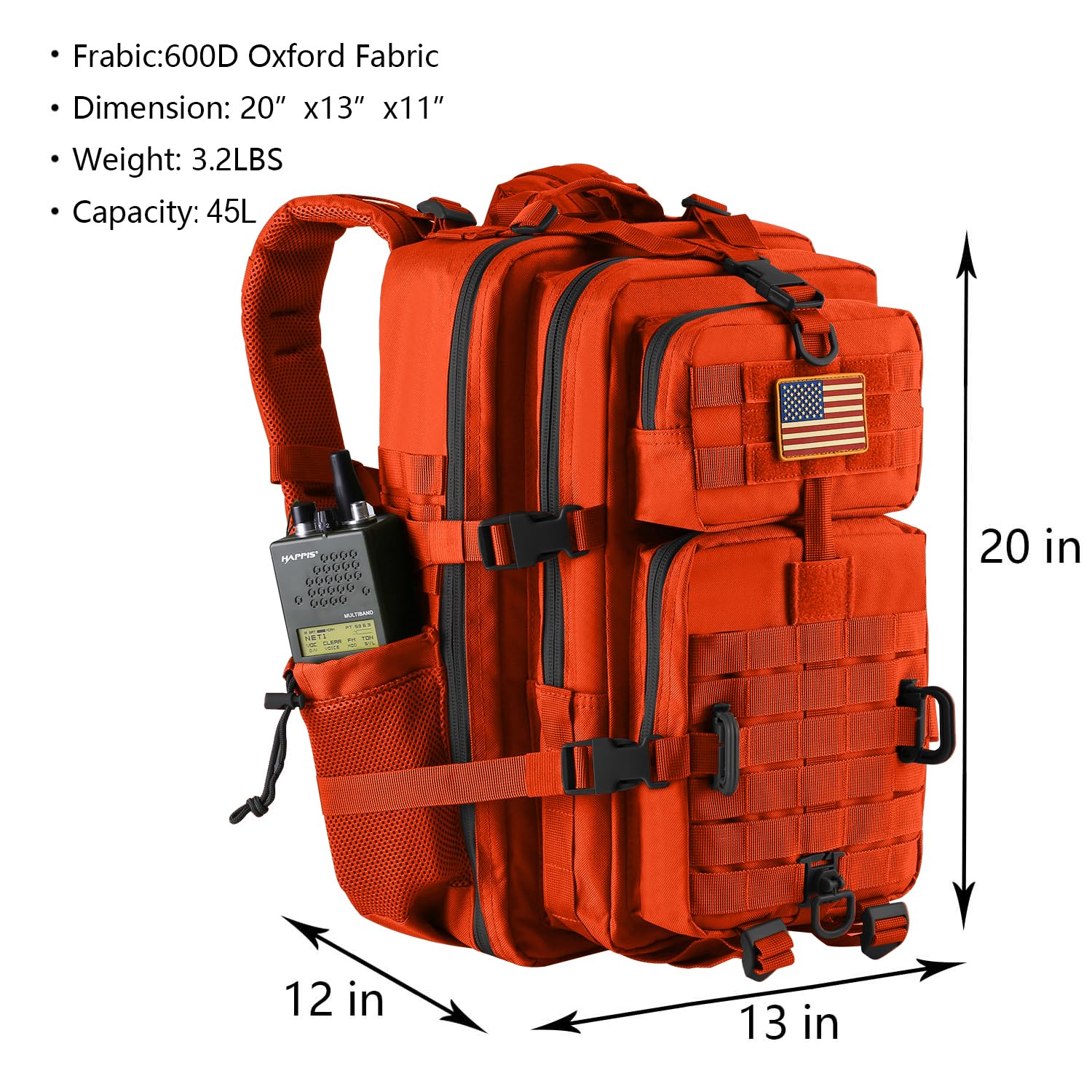 Hannibal Tactical 45L Molle Assault Pack, Tactical Backpack Military Army Camping Rucksack With Bottle Holder, 3-Day Pack Trip W