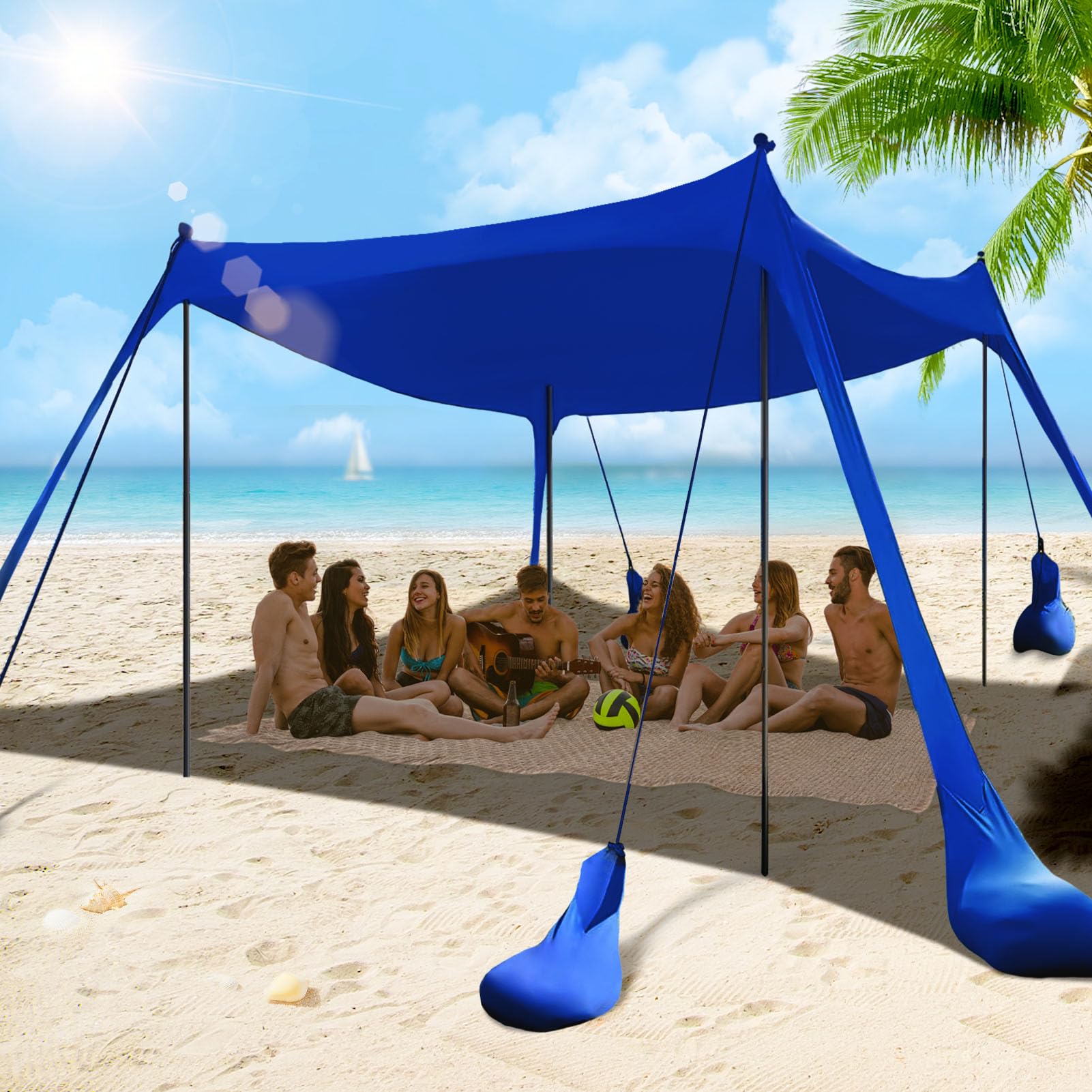 Besuhot Beach Tent Sun Shelter 10X10Ft Beach Shade Canopy With 8 Sandbags, Upf 50+ Protection Beach Shade Canopy, Outdoor Tent F