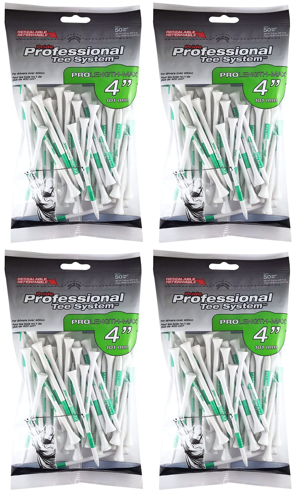 Pride Professional Tee System Prolength Max 4'' White Golf Tees - 4 Bags