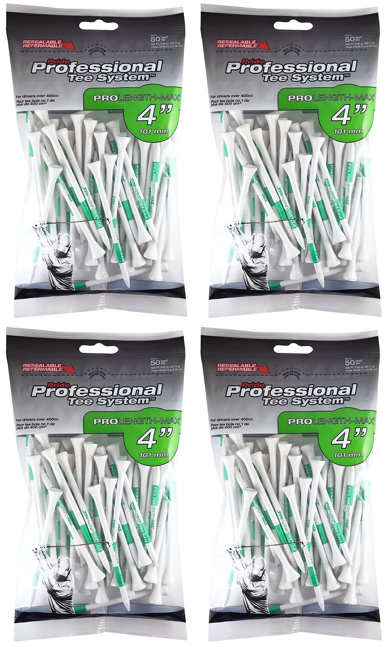 Pride Professional Tee System Prolength Max 4'' White Golf Tees - 4 Bags