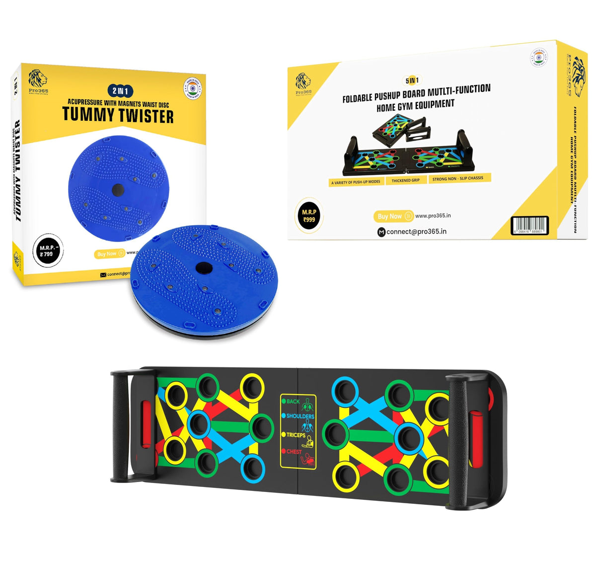 PRO365 Waist Disc Acupressure With Magnets Reflexology Slimming Abdominal 2 in 1 tummy twister Yellow With Pushup Board Combo Ab