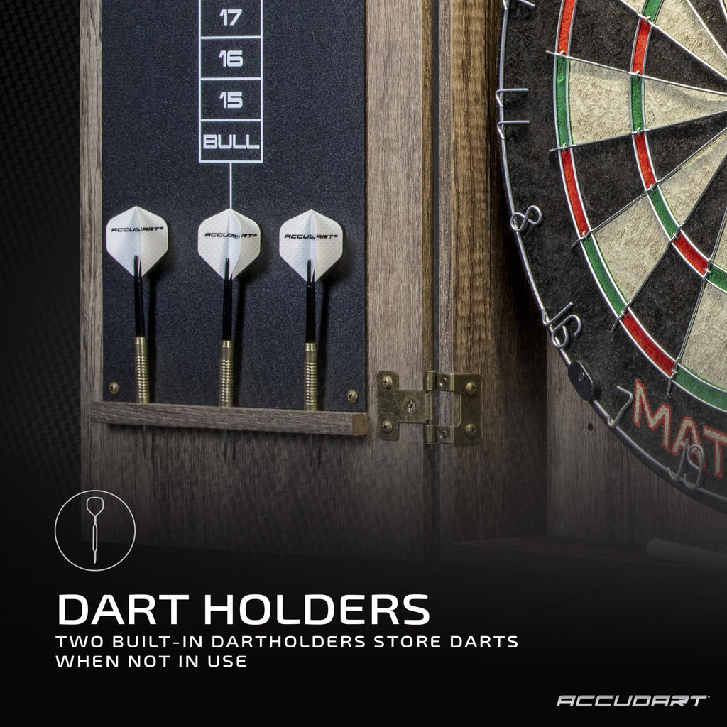 Accudart Match Pro Dartboard Cabinet Set - Official Size - Self Healing Sisal - Modern Style Woodgrain - Two Built-In Dartholder