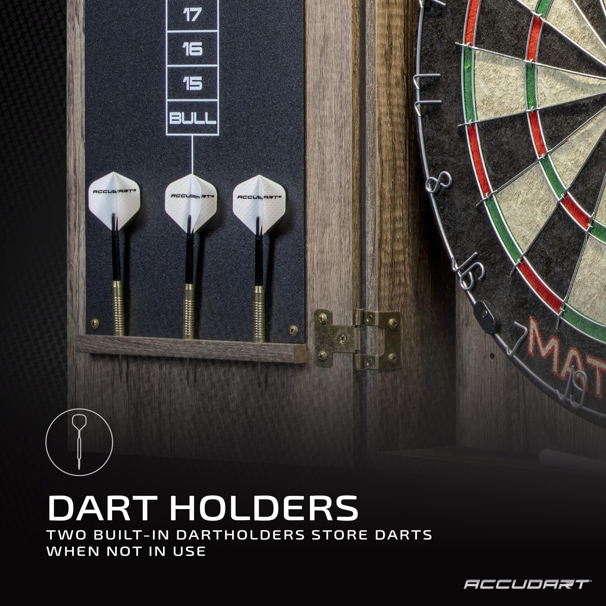 Accudart Match Pro Dartboard Cabinet Set - Official Size - Self Healing Sisal - Modern Style Woodgrain - Two Built-In Dartholder