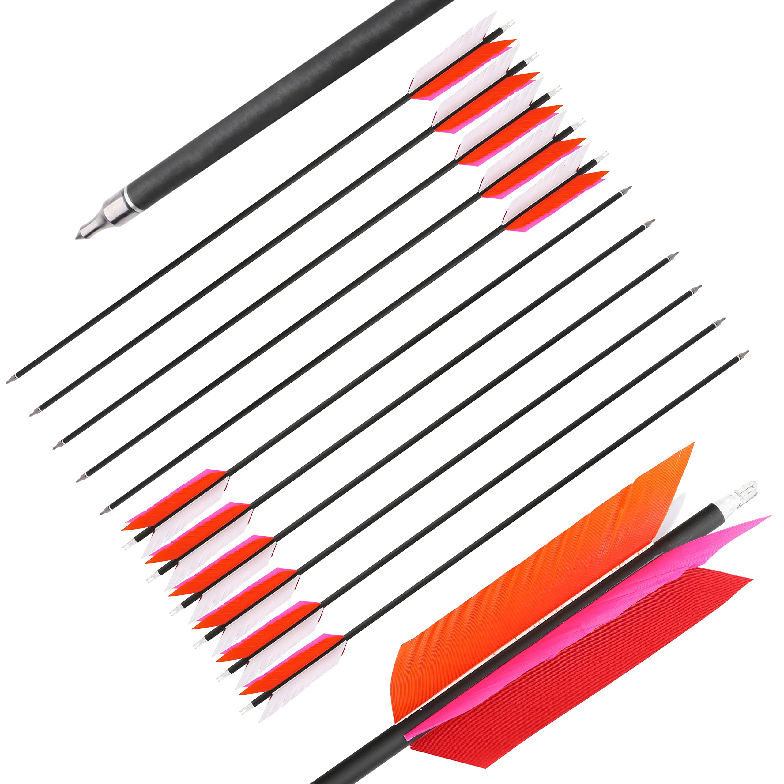 Ameyxgs 12 Pcs Archery Hunting Arrows Mix Carbon 30 Inch Flu Flu Arrows Spine 500 Target Practice Arrows With 4 Turkey Feather R