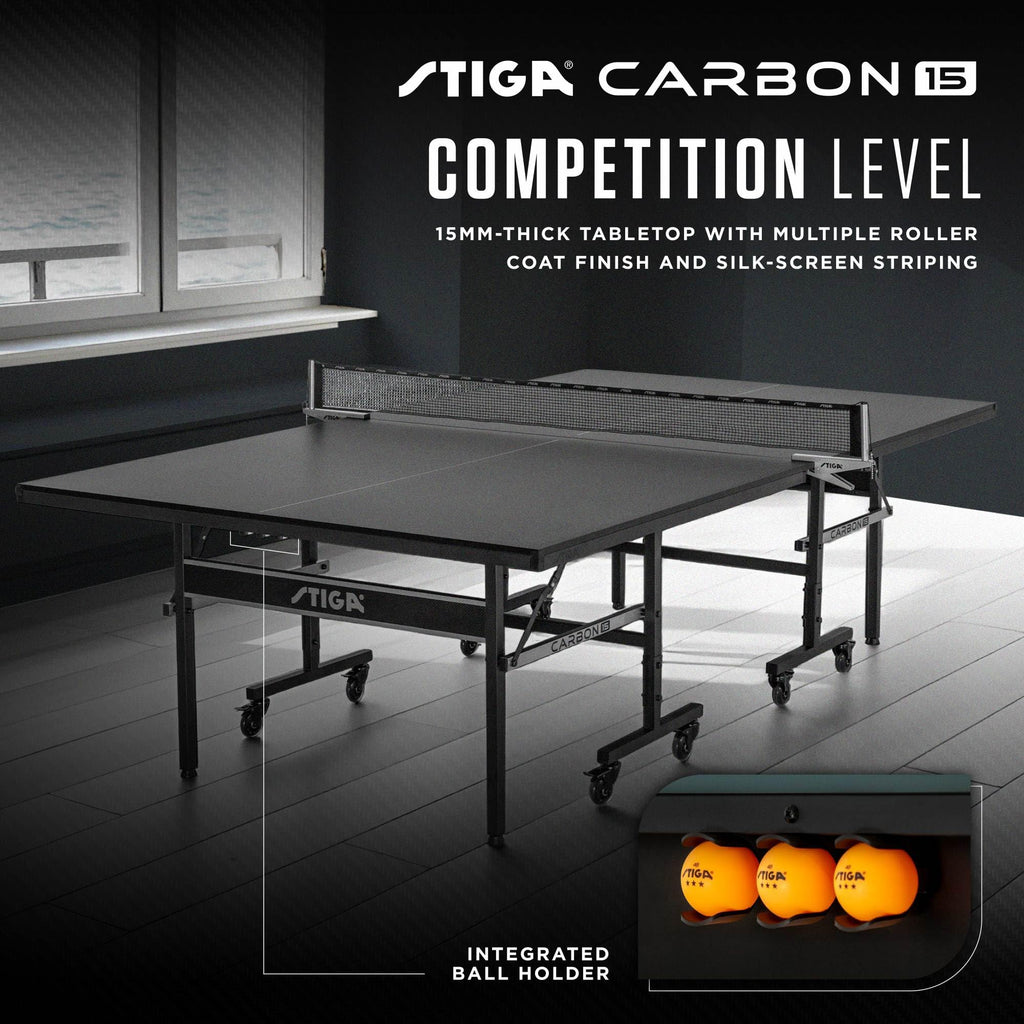STIGA Carbon 15 - Carbon Series Indoor Ping Pong Table - 15mm Table Tennis Playfield, QuickPlay 10-Minute Assembly, Built-in Bal