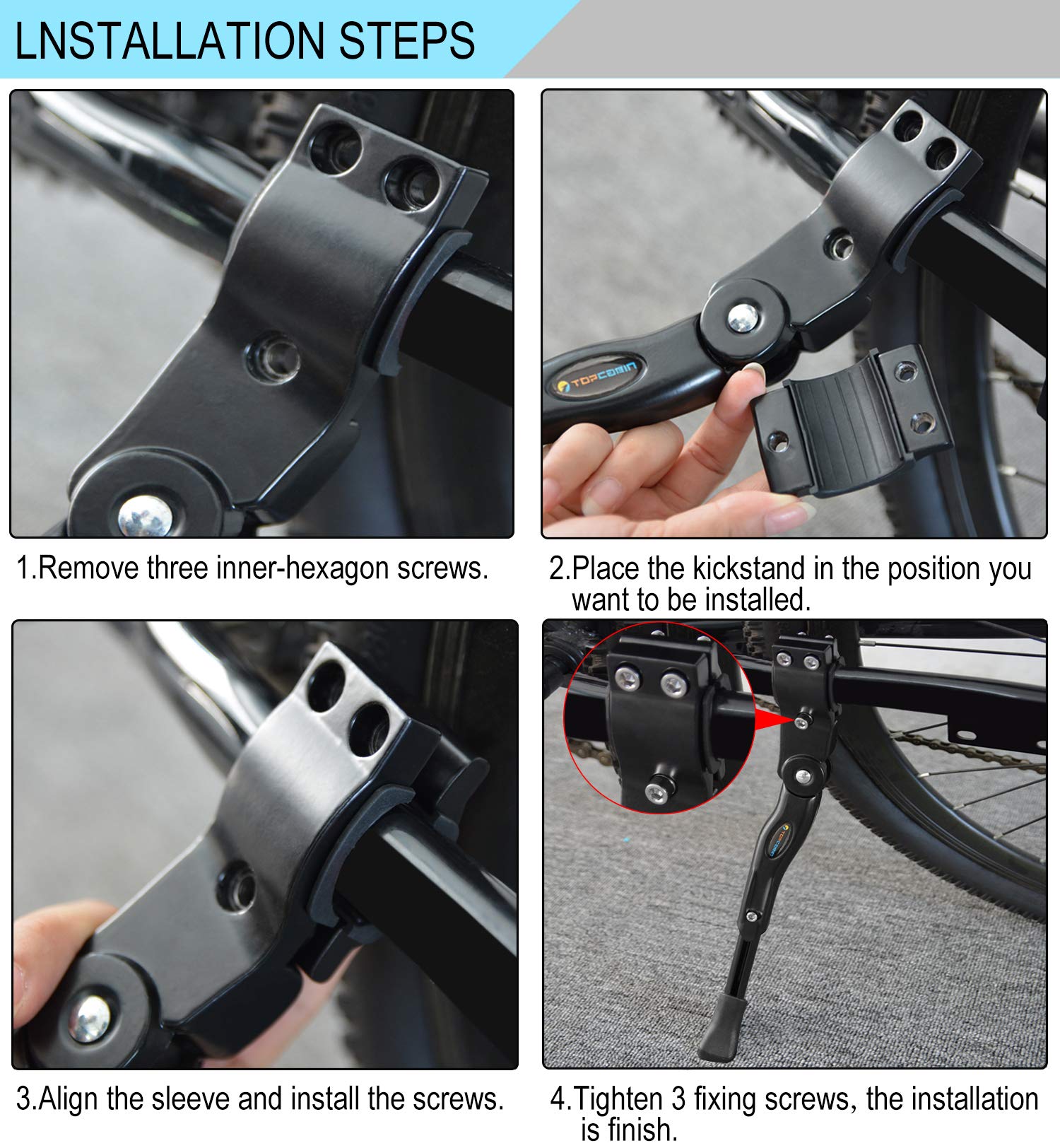 Topcabin Bicycle Adjustable Aluminium Alloy Bike Bicycle Kickstand Side Kickstand Fit For 22'' 24'' 26''- White
