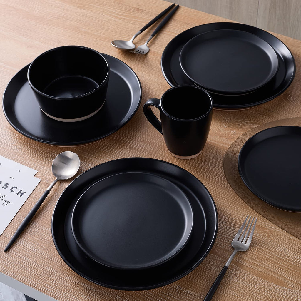 Stone Lain Jules Stoneware Round Dinnerware Set, Black,16-Piece Service For 4