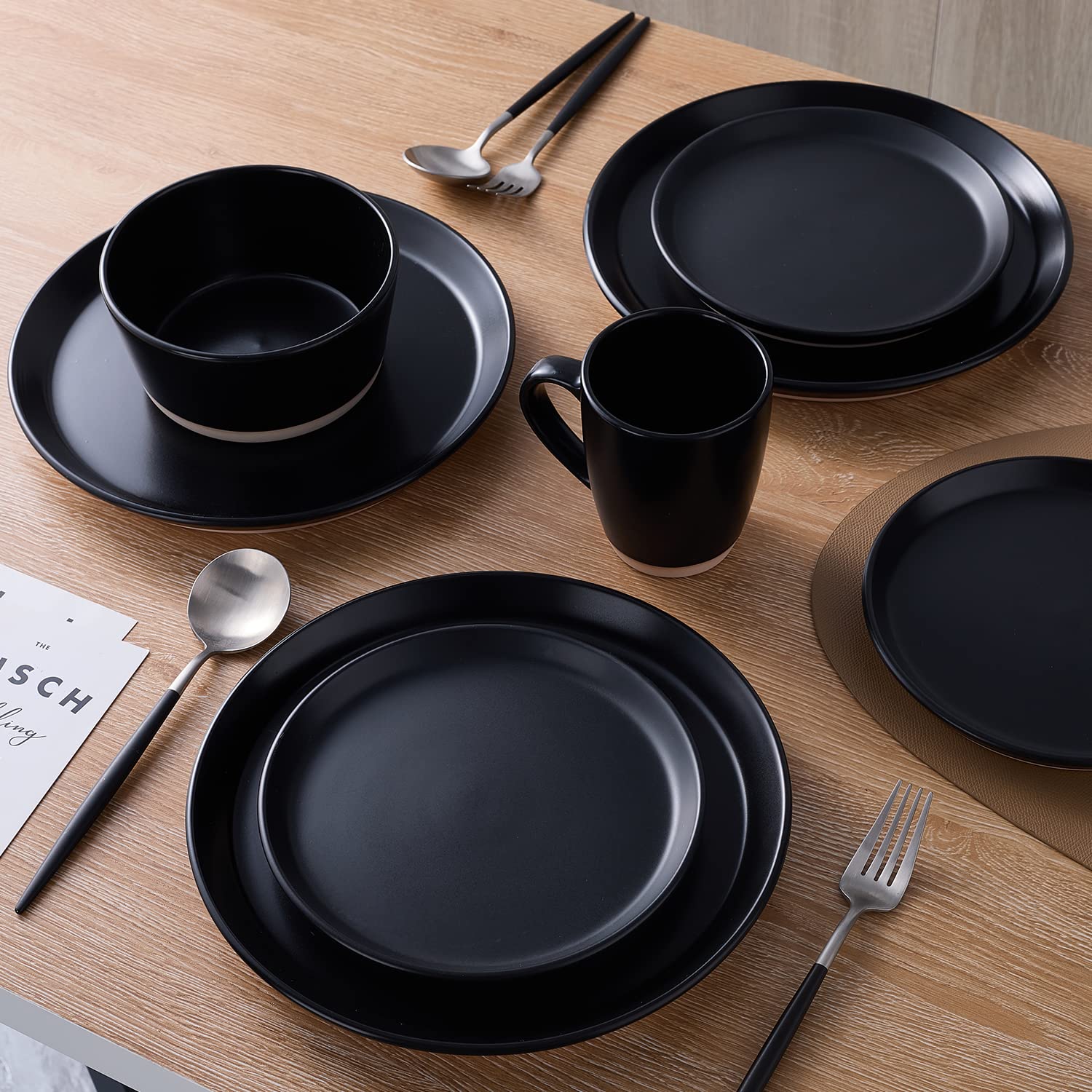 Stone Lain Jules Stoneware Round Dinnerware Set, Black,16-Piece Service For 4
