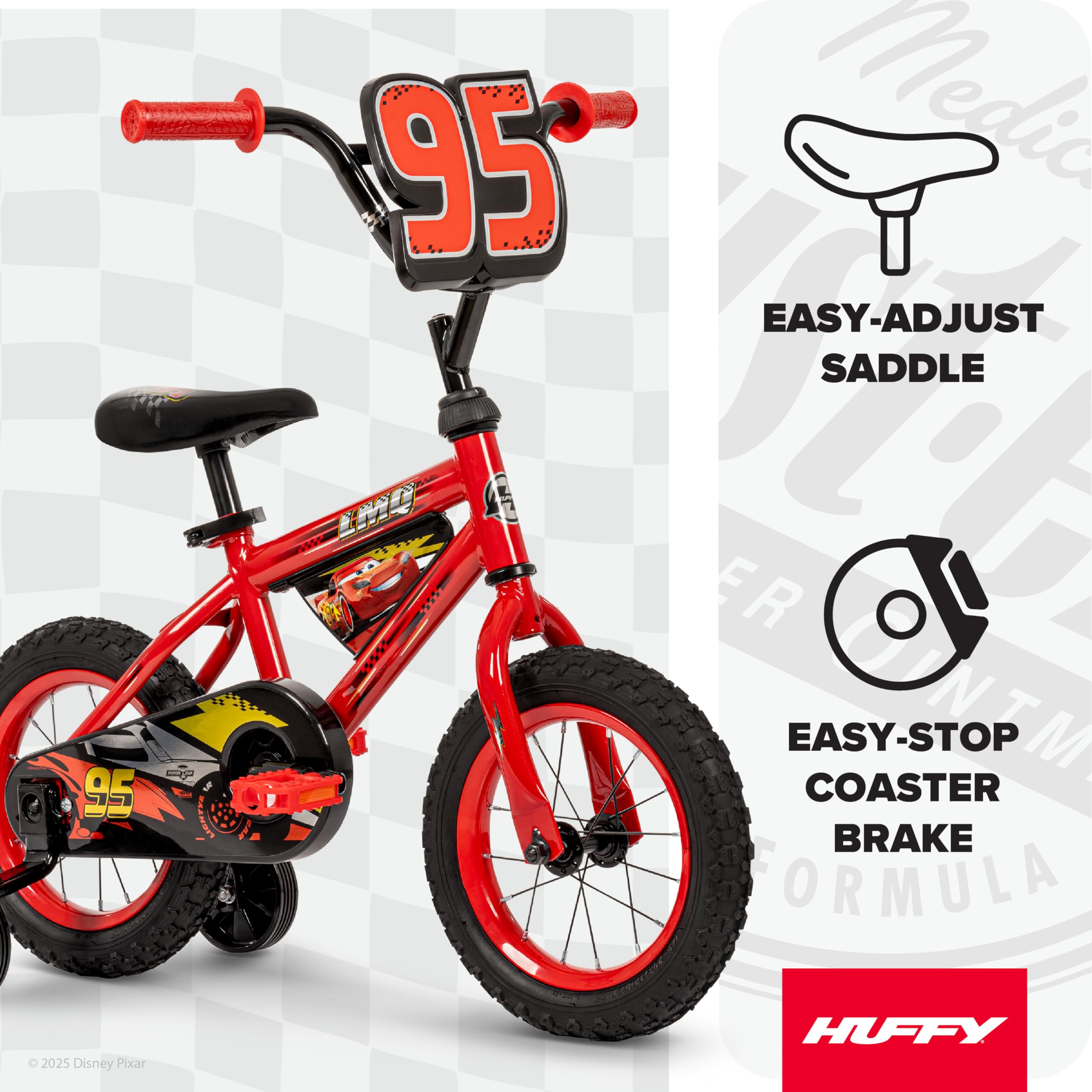 Huffy Disney Pixar Cars 12 Inch Kids Bike, Ideal for Ages 3-5 Years Old, Training Wheels Included, EZ Build Assembly, Fun and P