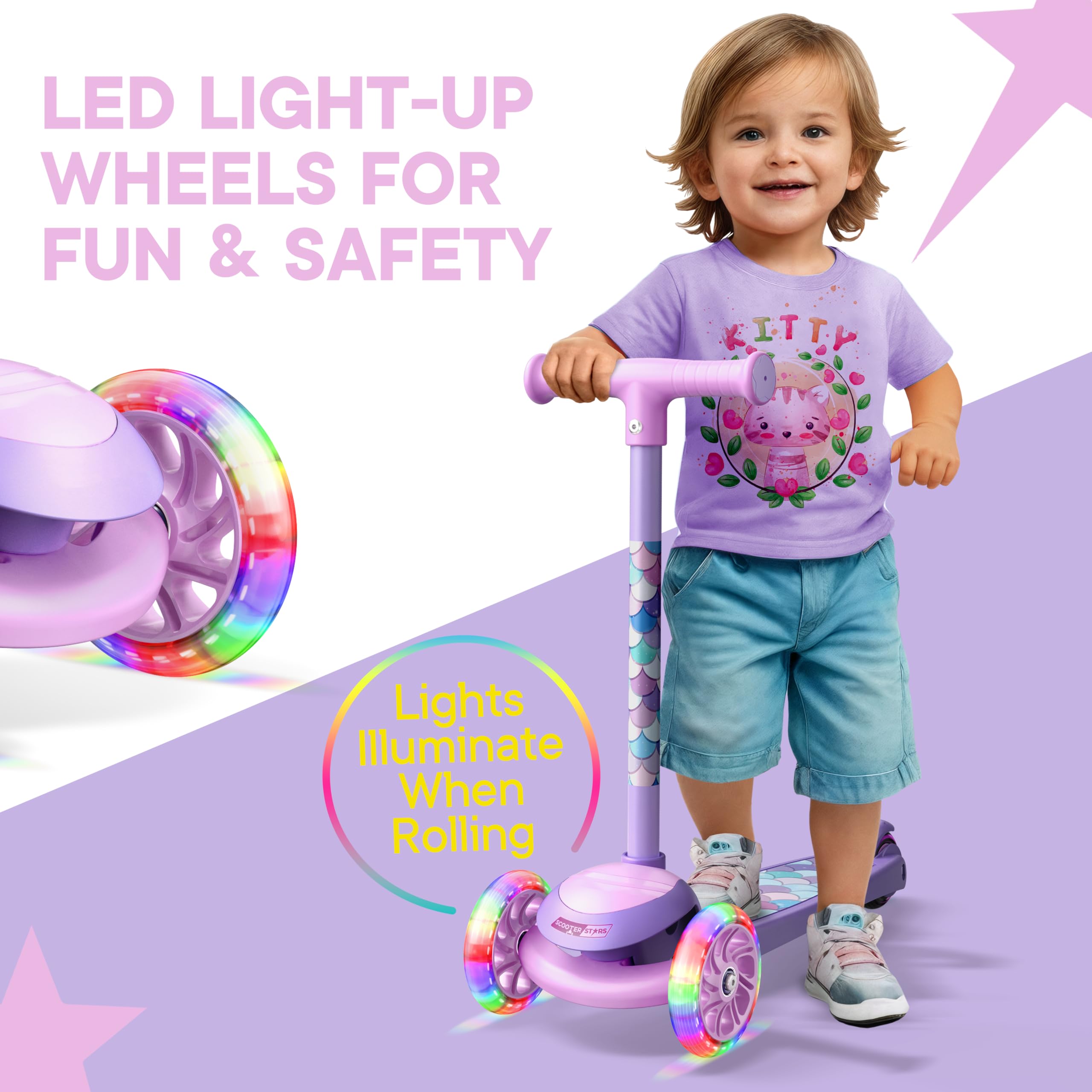 3 Wheel Scooter for Kids, Smooth Light Up LED Front Wheels, Wide Anti Slip Deck, Rear Foot Brake, Easy Lean to Steer Maneuvering