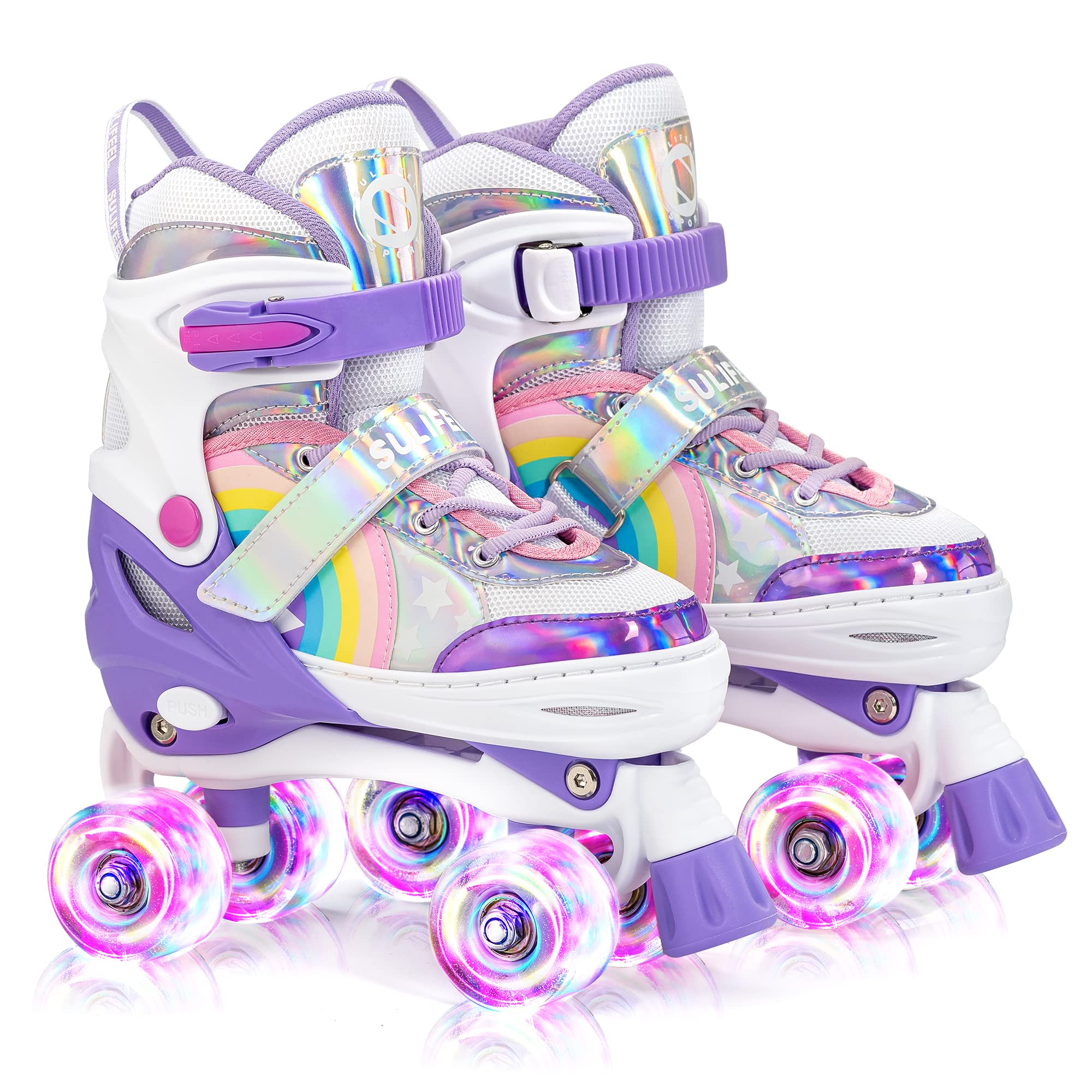 Sulifeel Rainbow Unicorn 4 Size Adjustable Light Up Roller Skates For Girls Boys For Youth Purple Large